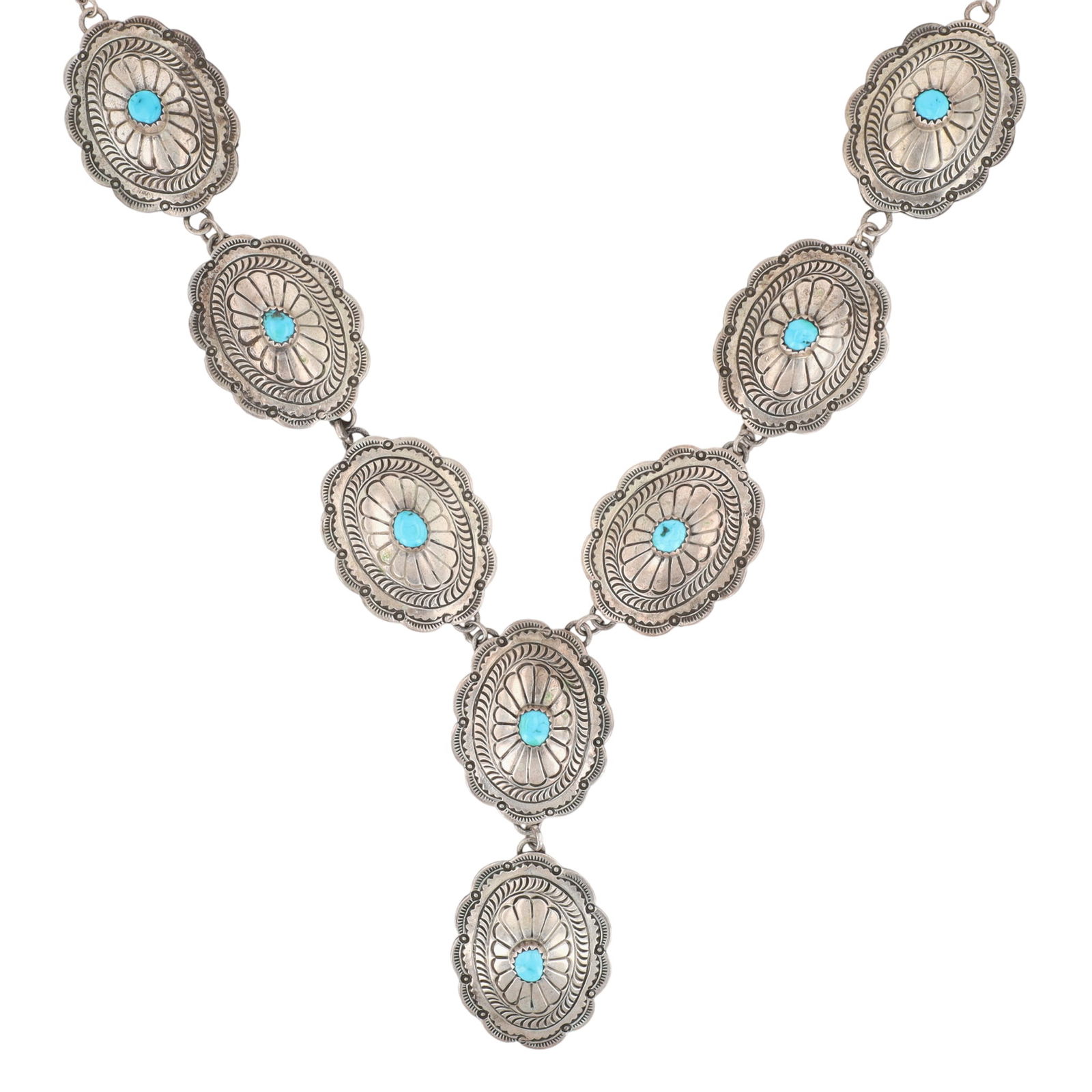 Signed Navajo Turquoise Stamped Concho Necklace: Signed Navajo Sterling and Turquoise Hand Stamped Concho Necklace - 61.3g - approx. 21" long - each concho is approx. 1.45" x 1.15" - approx 3.14" drop