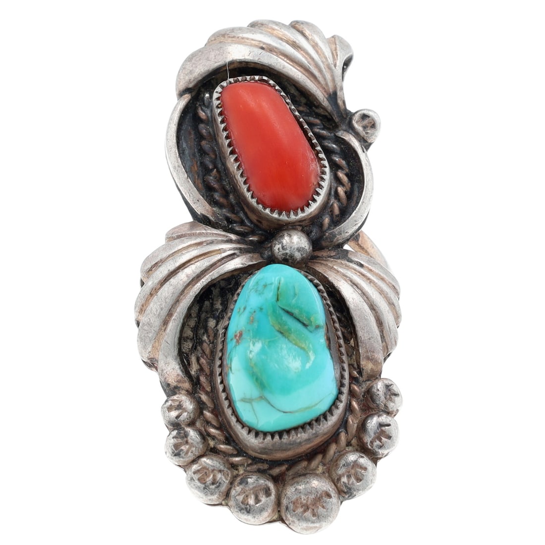 Vintage Signed Navajo Turquoise and Coral Ring Sz 6 (1 of 7)