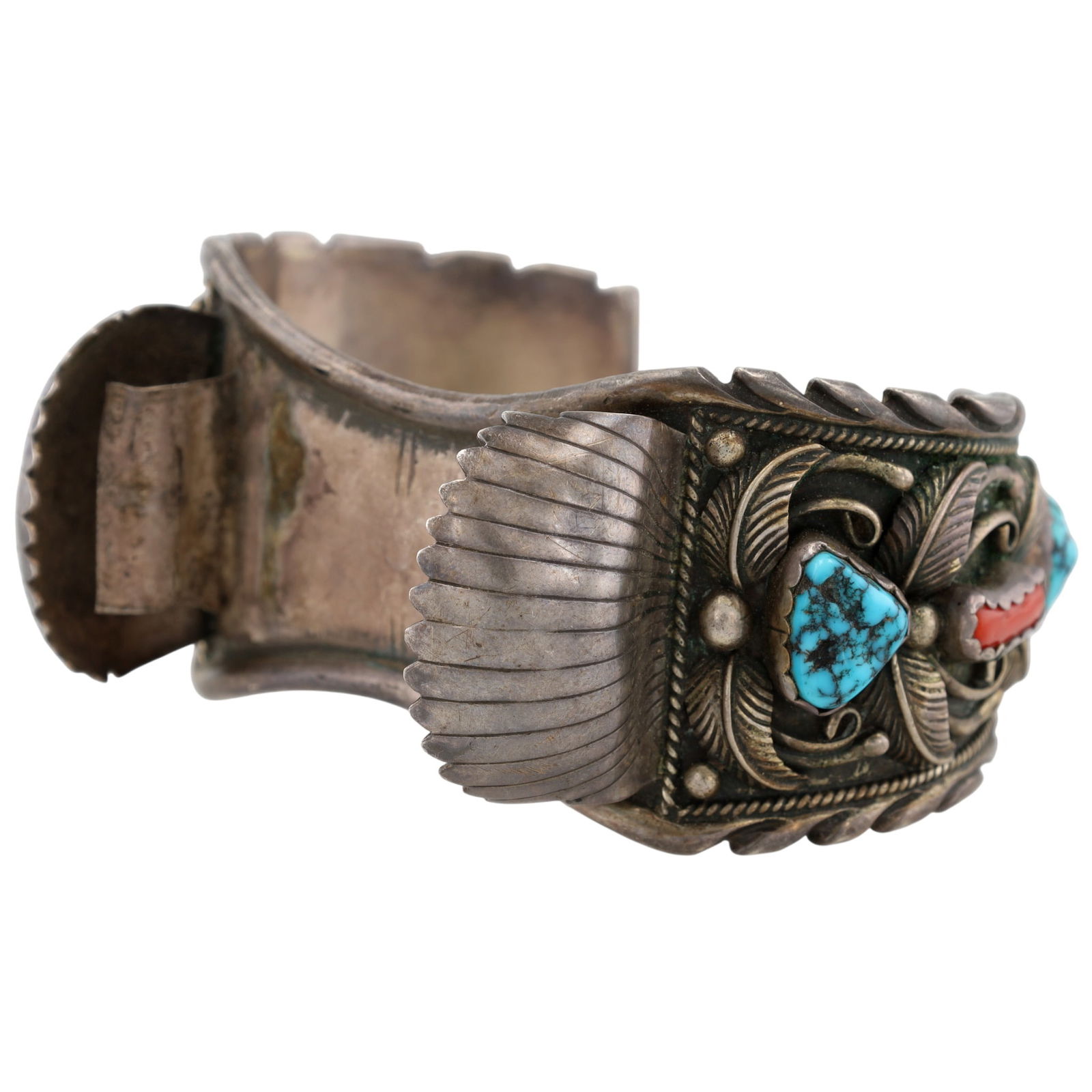 Vintage Signed Navajo Turquoise and Coral Watch Cuff Bracelet: Vintage Signed Navajo Sterling Turquoise and Coral Watch Cuff Bracelet with gorgeous leaf details - 68g