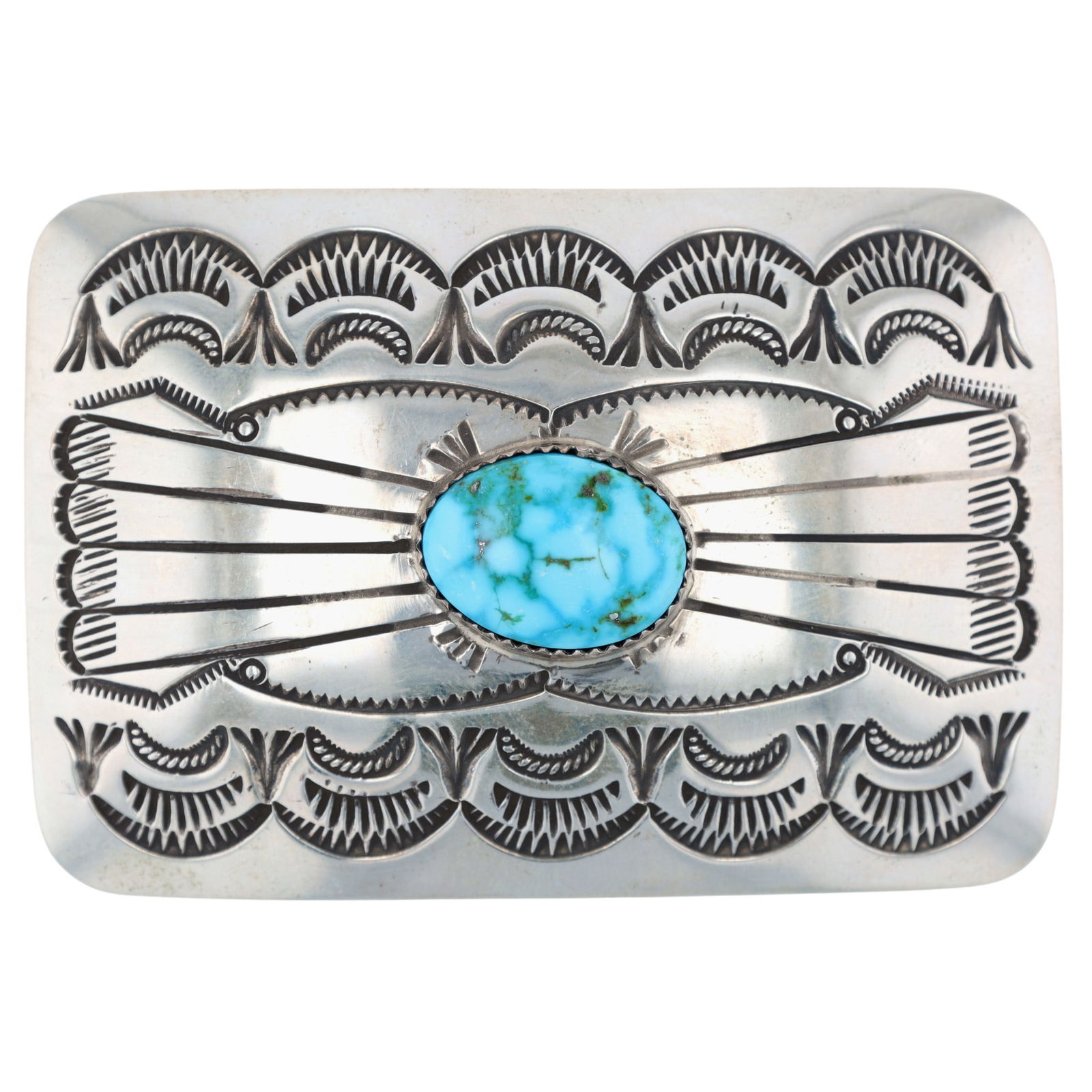 James Shay Navajo Turquoise Stamped Belt Buckle: James Shay Navajo Sterling Turquoise Stamped Belt Buckle - 47.5g - Approx 3" x 2" - gorgeous turquoise cab!