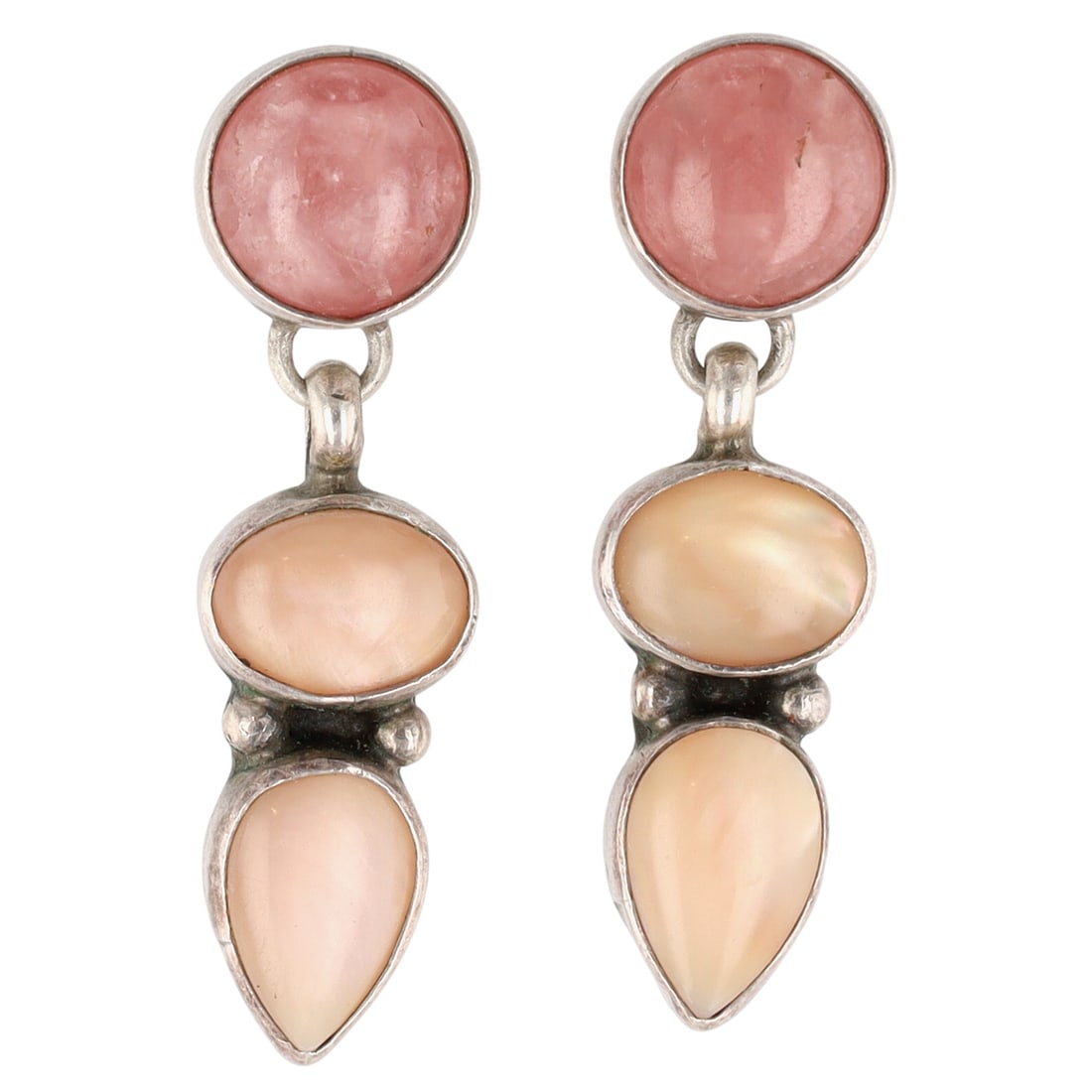 Genevieve Apachito Navajo Rose Quartz Earrings: Genevieve Apachito Navajo Sterling Rose Quartz and Mother of Pearl Earrings - 4.4g