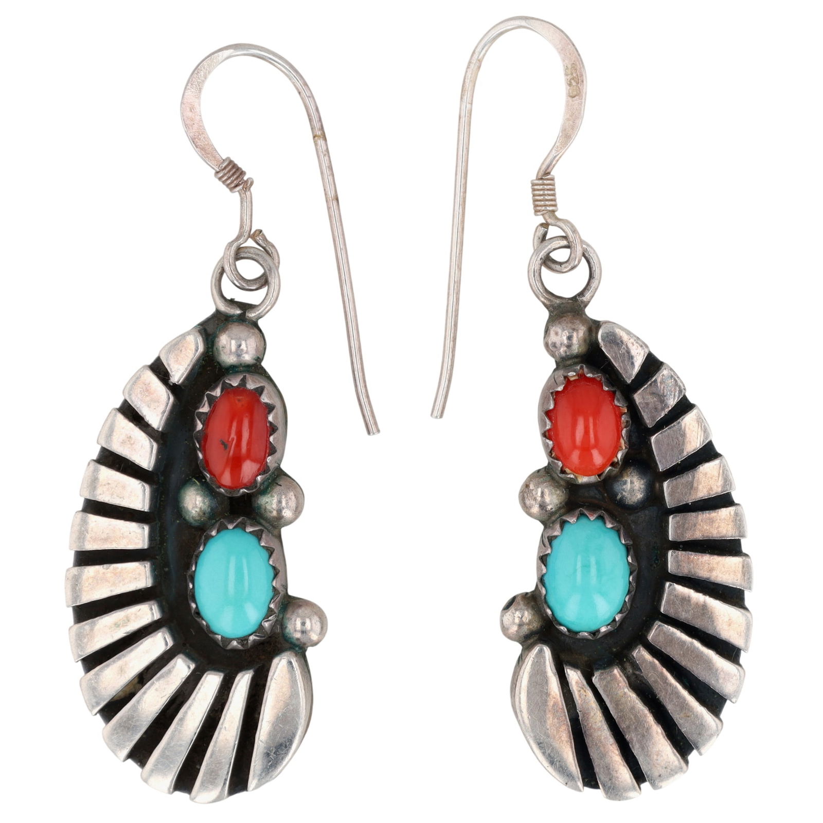 Vintage Running Bear Turquoise and Coral Dangle Earrings: Vintage Running Bear Shop (the old Running Bear mark) Sterling Turquoise and Coral Dangle Earrings - 12.1g