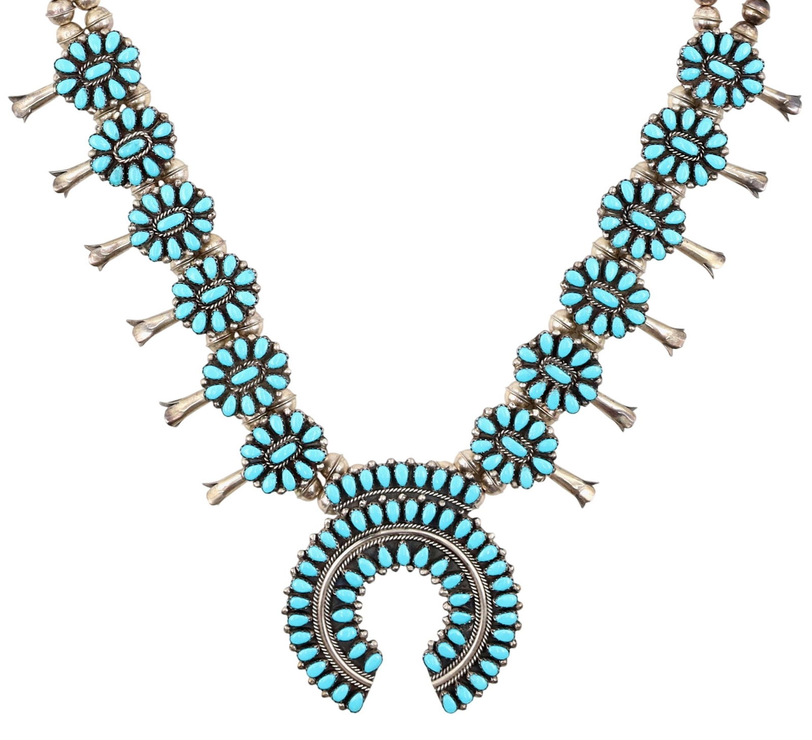 Victor Moses Begay Navajo Squash Blossom Necklace: Victor Moses Begay Navajo Sterling Squash Blossom Necklace - 102g - approx. 24" from end to end - note: consignor purchased from the Gilbert Ortega Shop and will come with the folding Gilbert Ortega c