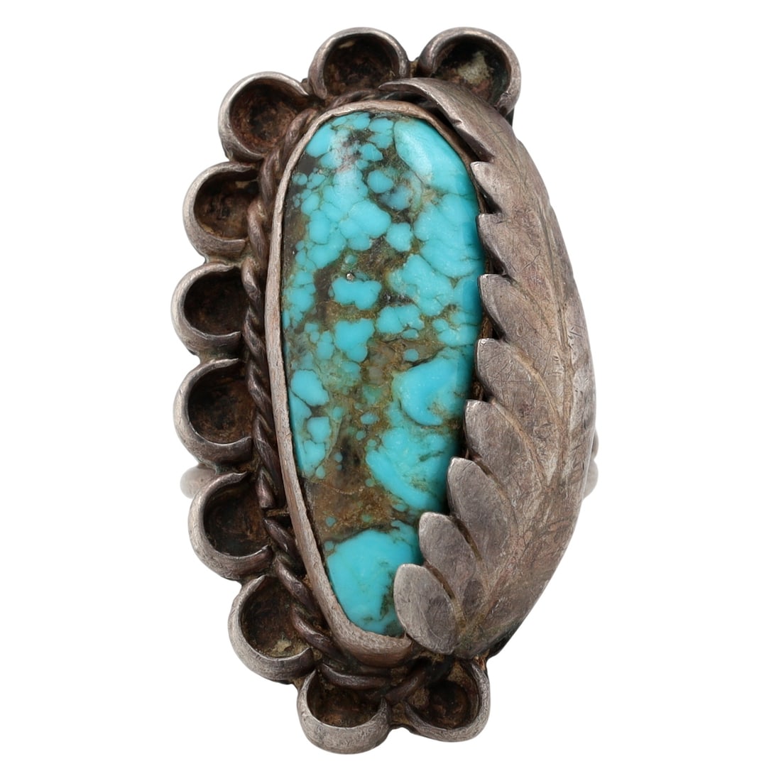 Signed Vintage Navajo Turquoise Ring Sz 6: Pictomark (of sun rays?) Signed Vintage Navajo Sterling Turquoise Ring Sz 6 - 10.8g