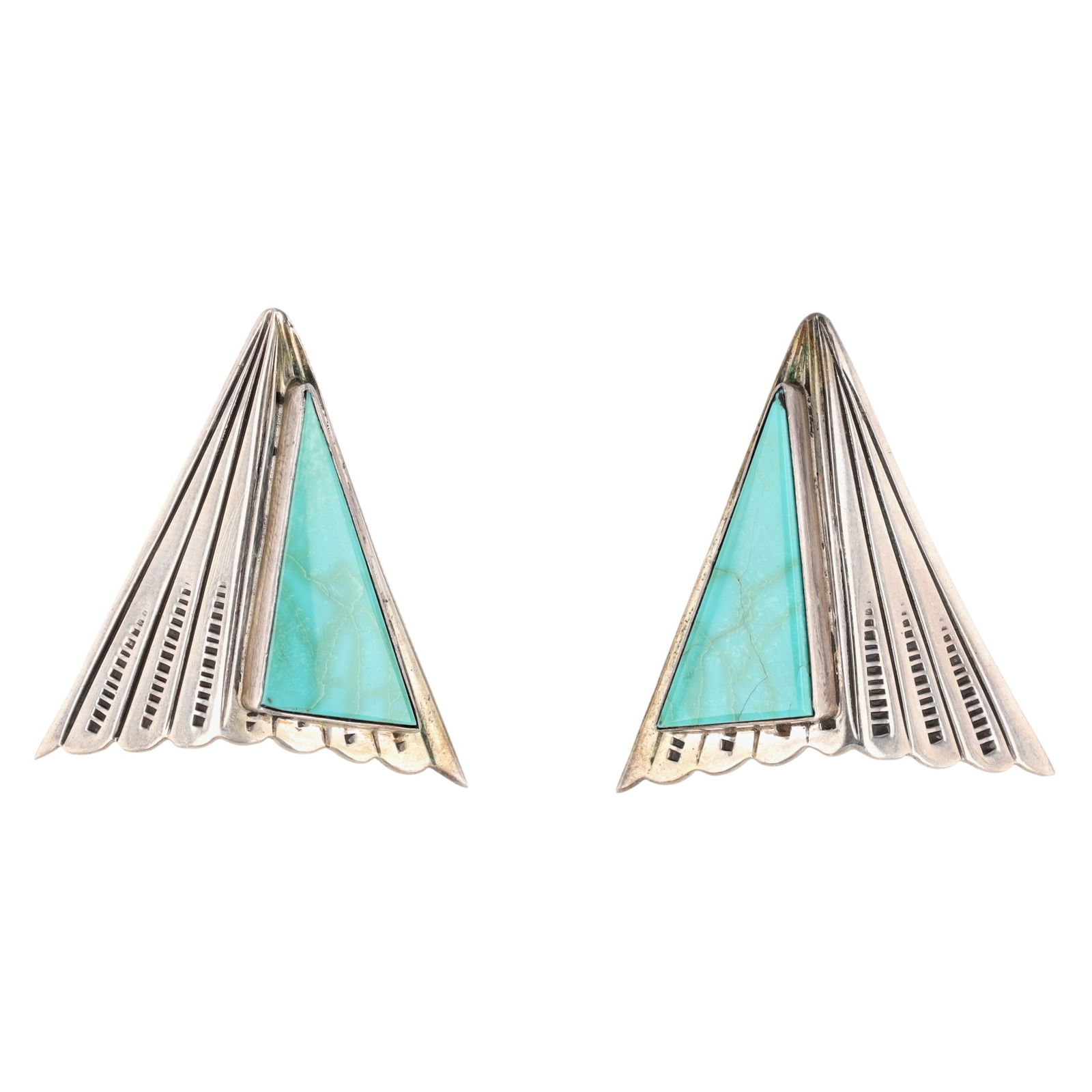 Signed Navajo Turquoise Stamped Earrings: Signed AY (possibly Albert Yazzie?) Navajo Sterling Turquoise Stamped Triangle Fold Earrings - 10.9g