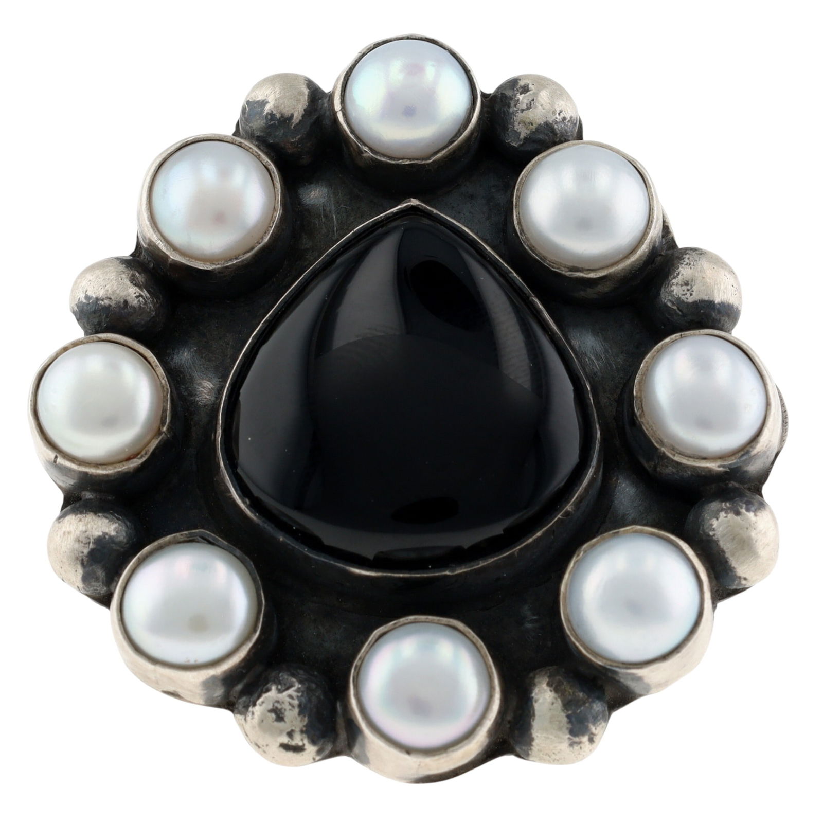 Jones Latome Navajo Contemporary Onyx Pearl Cluster Ring Sz 7: Amazing Jones Latome Navajo Sterling Contemporary Onyx Pearl Cluster Ring Sz 7 - 33.3g
