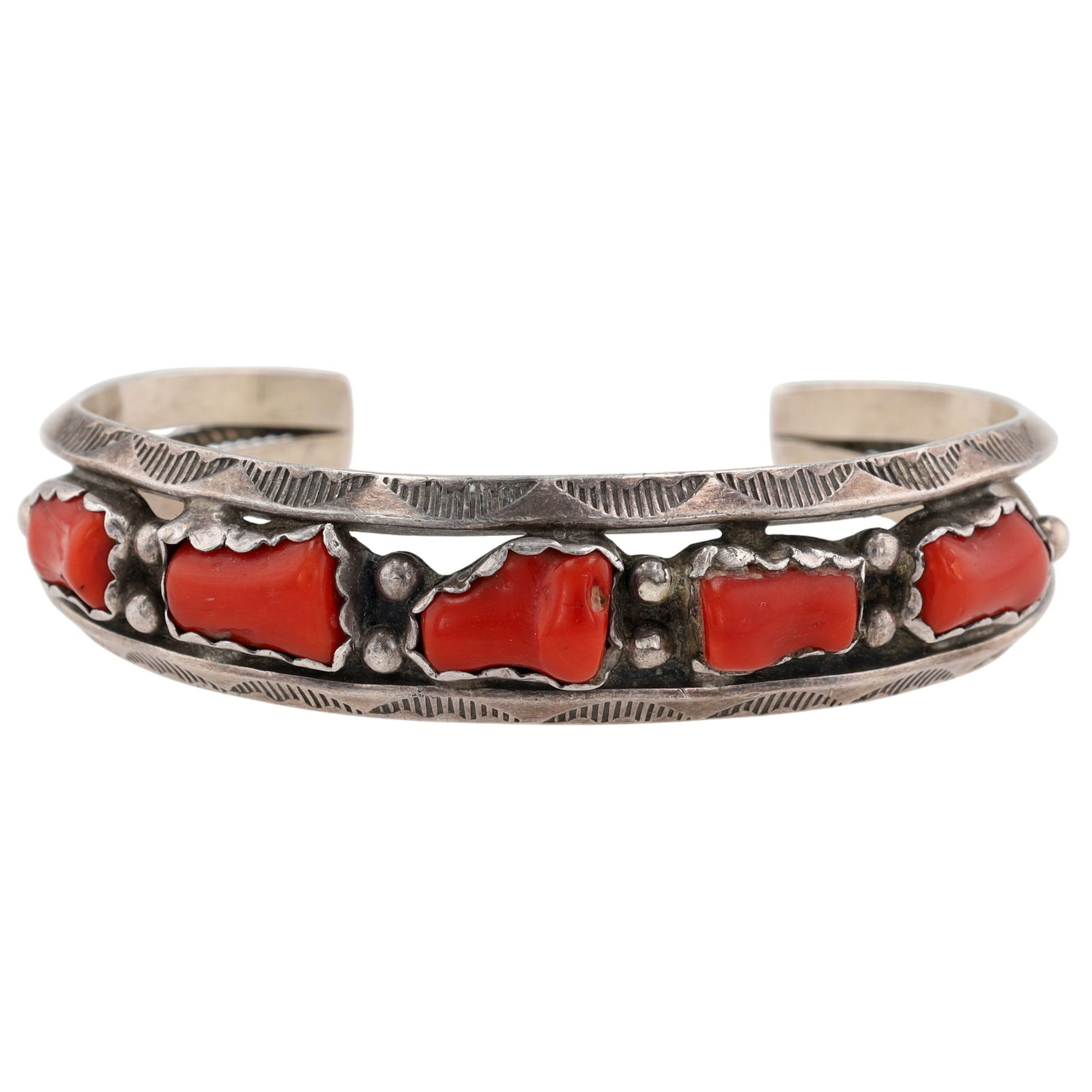 Cecil Henry Navajo Coral Stamped Cuff Bracelet (1 of 7)