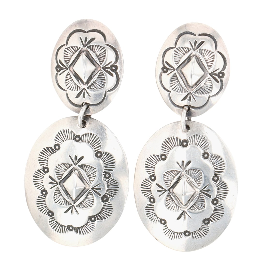 Signed Navajo Stamped Dangle Earrings: Signed JB Navajo Sterling Stamped Dangle Earrings - 10.8g