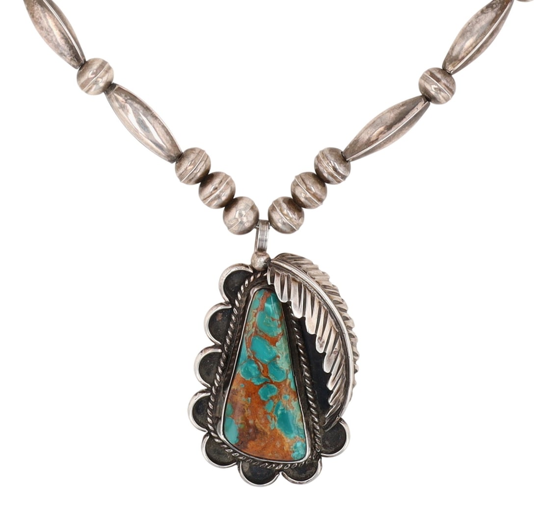 Vintage Signed Navajo Royston Turquoise Torpedo Bead Necklace: Vintage Signed 'MA' Navajo Sterling and Royston Turquoise Torpedo Bead Necklace - 35.1g - approx. 18.5" - pendant piece approx. 2.1" tall x 1.2" wide