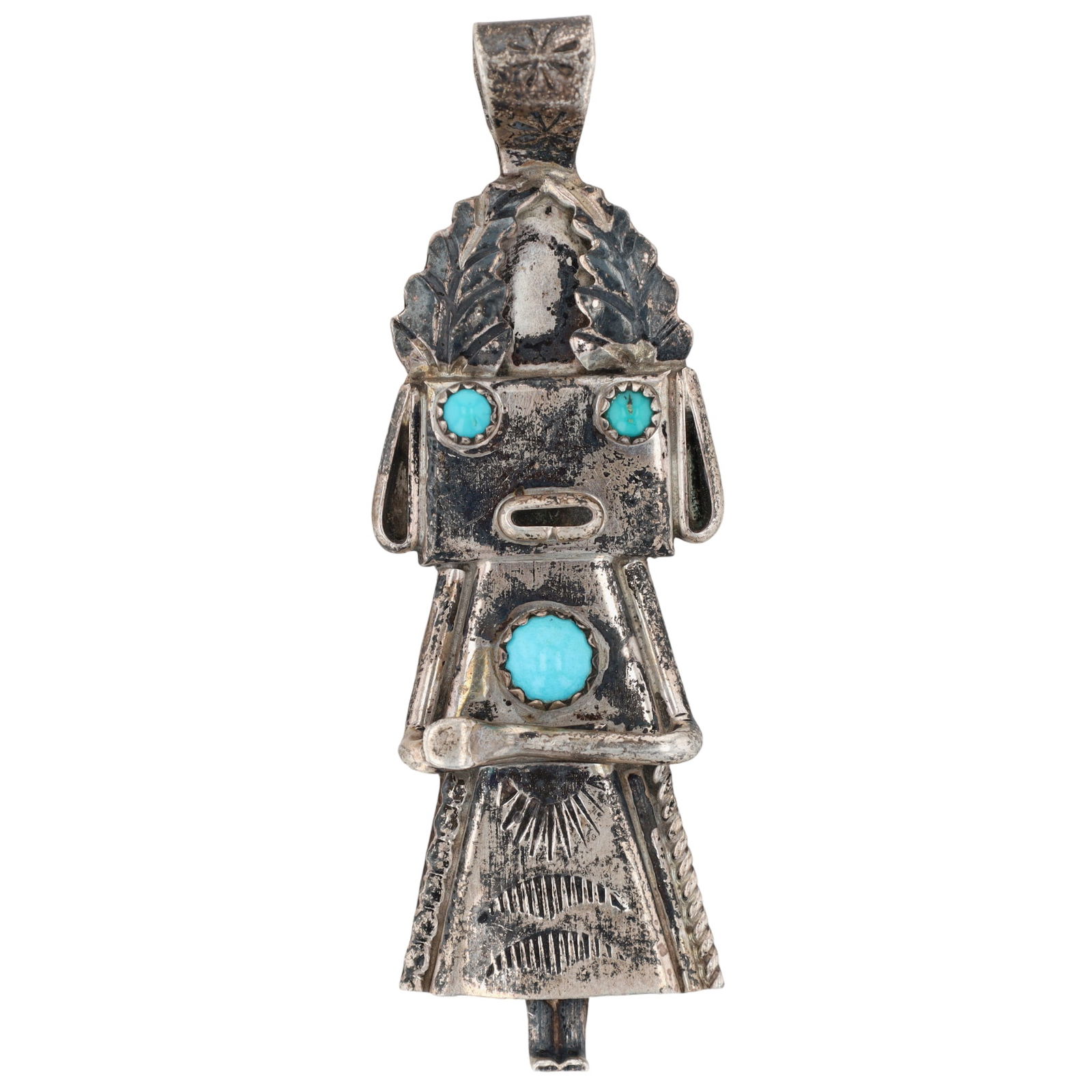 Frank Yazzie Navajo Turquoise Kachina Doll Pendant: Vintage Frank Yazzie Navajo Sterling and Turquoise Kachina Doll Pendant - 6.4g