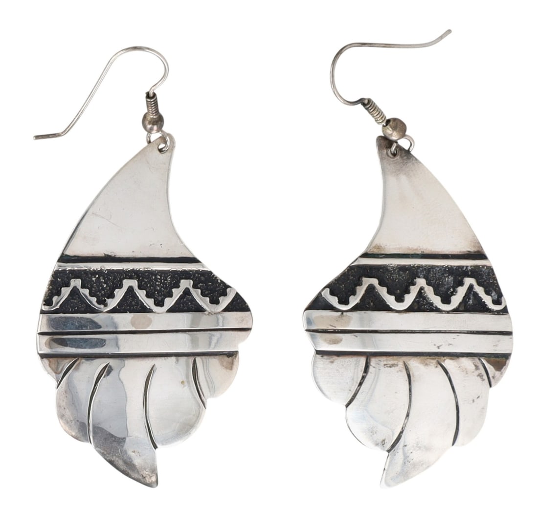 Thomas Singer Navajo Overlay Dangle Earrings: Vintage Thomas Singer Navajo Sterling Overlay Dangle Earrings - 13.9g