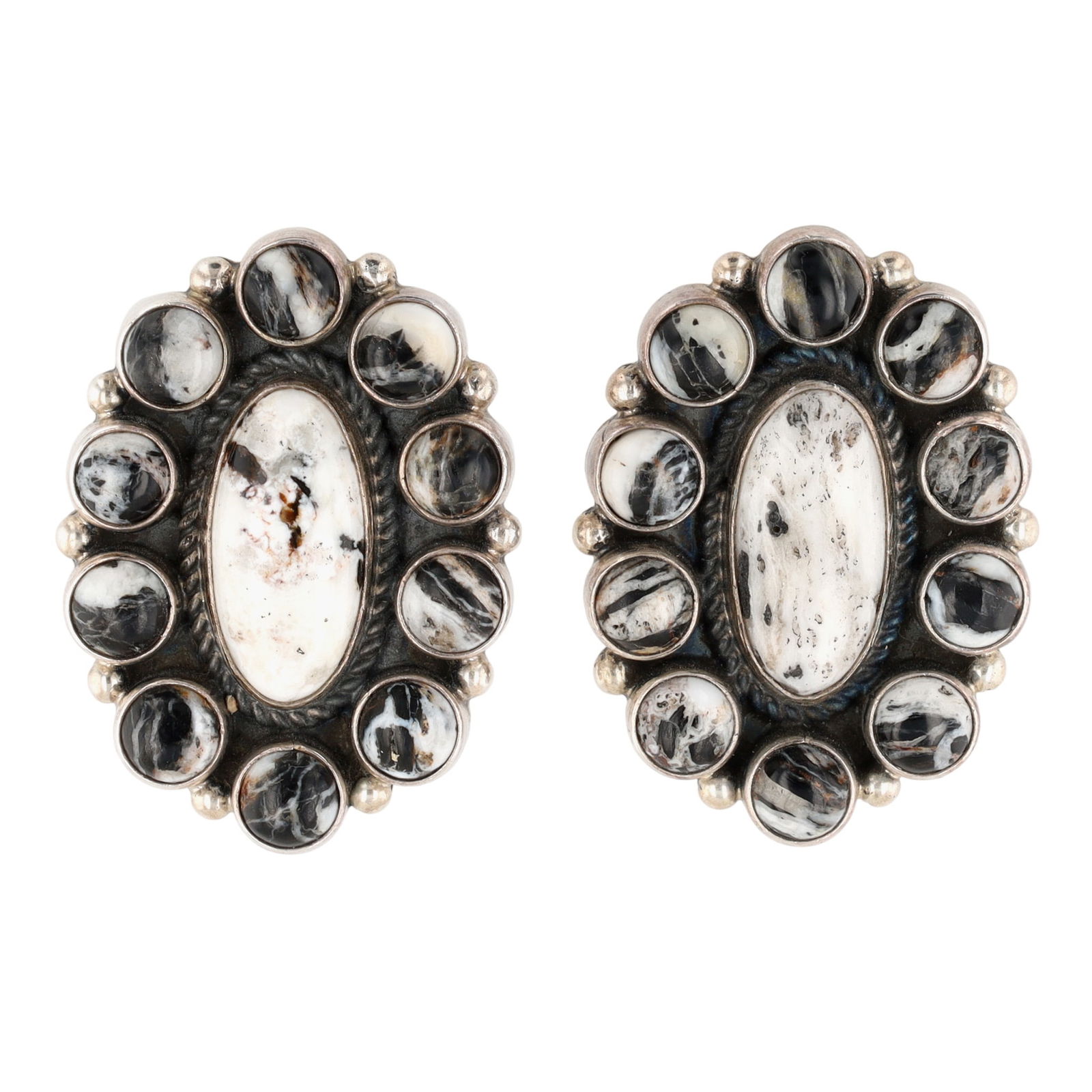 Rita Dawes Navajo White Buffalo Cluster Earrings: Rita Dawes Navajo Sterling White Buffalo Cluster Earrings - 16.2g
