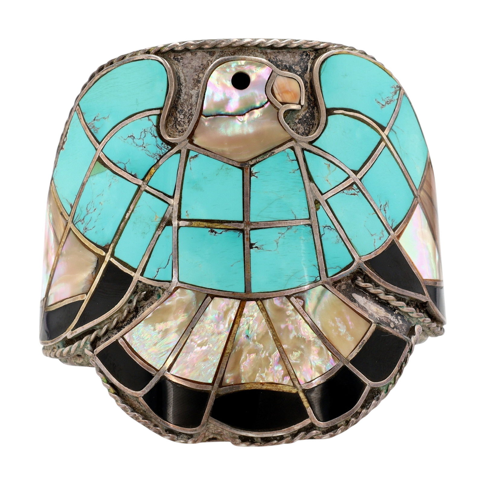 Rare Vintage Zuni Eagle Inlay Cuff Bracelet: Very Old! Vintage Zuni Sterling and Multistone (Turquoise, Shell, Jet) Inlay Eagle Cuff Bracelet - 136.6g! | This is a beautifully crafted, old cuff bracelet - solid, substantial, and made with lots o