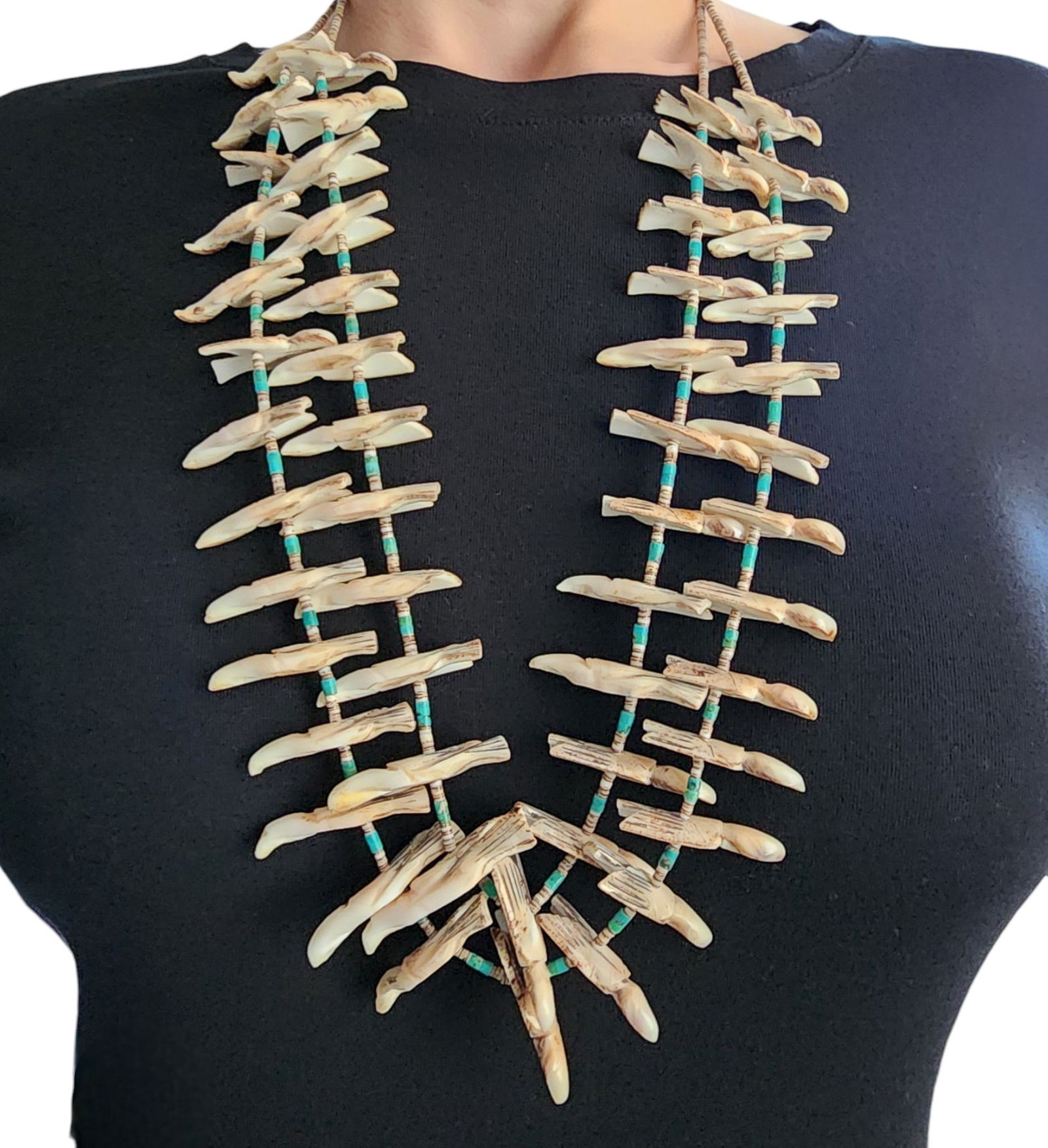 Vintage Santo Domingo Carved Bird Heishi Necklace: Huge Vintage Santo Domingo Kewa Sterling Carved Bird Fetish and Shell, Turquoise Heishi 2-Strand Necklace - 201g - approx. over 50 carved birds!