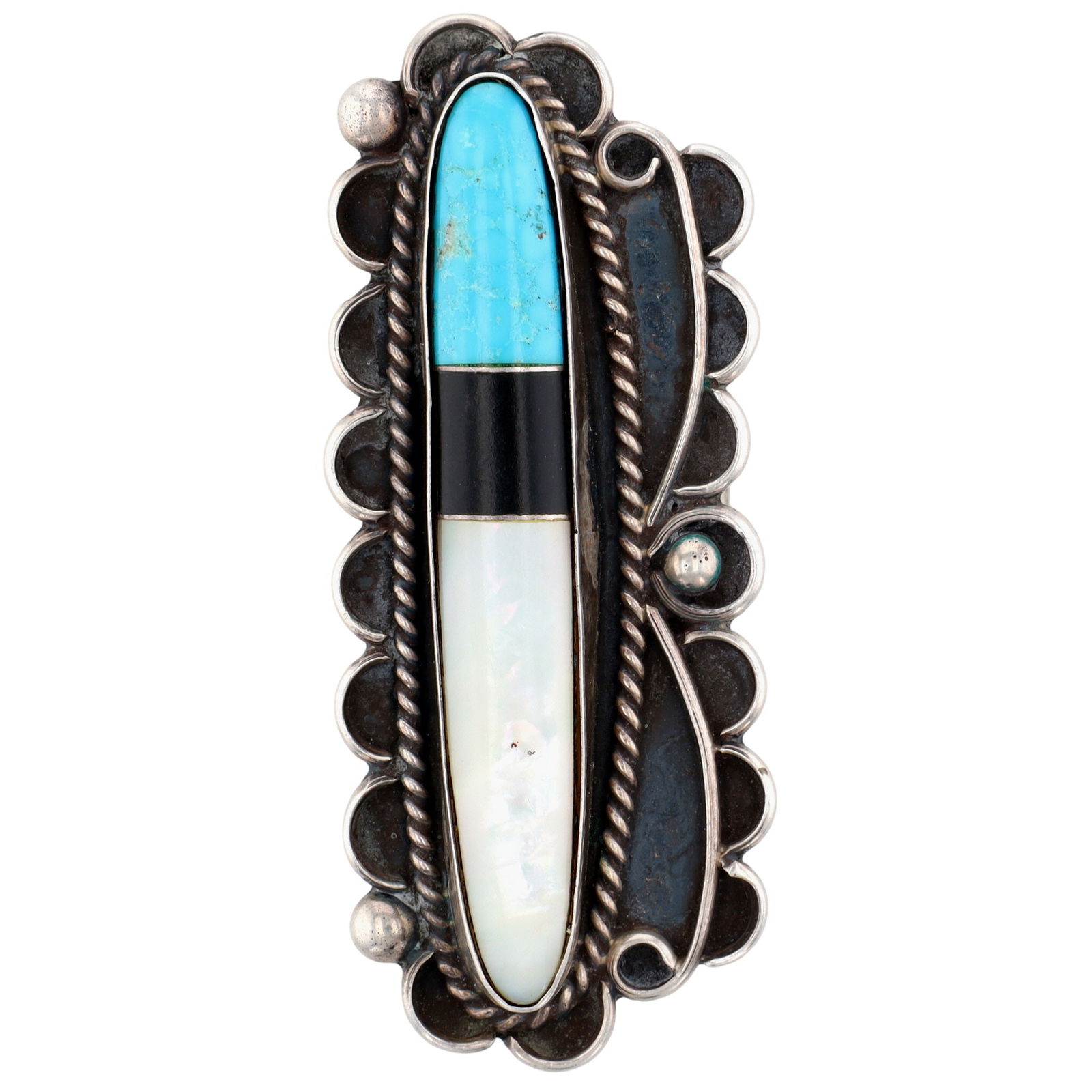 Signed Navajo Multistone Inlay Finger Length Ring Sz 10.25: Hand Signed (Two signatures - appears to be JB and J Desiderin/o?) Navajo/Zuni Sterling Turquoise, Mother of Pearl, Onyx/Jet Inlay Finger Length Ring Sz 10.25 - 17.8g - Note: There is a chip/dip in th