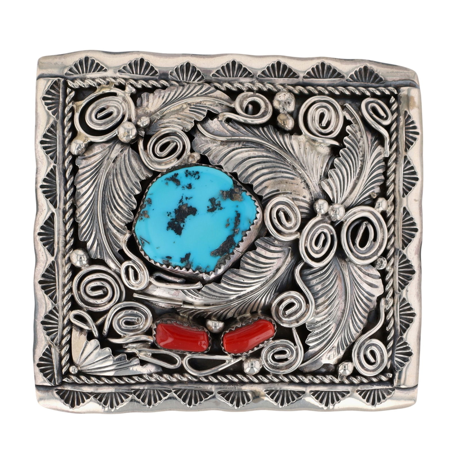 Navajo Turquoise and Coral Stamped Belt Buckle: Navajo Sterling Turquoise, Coral Detailed Applique & Stamped Belt Buckle - 93.1g - measures approx. 3" x 2.8"