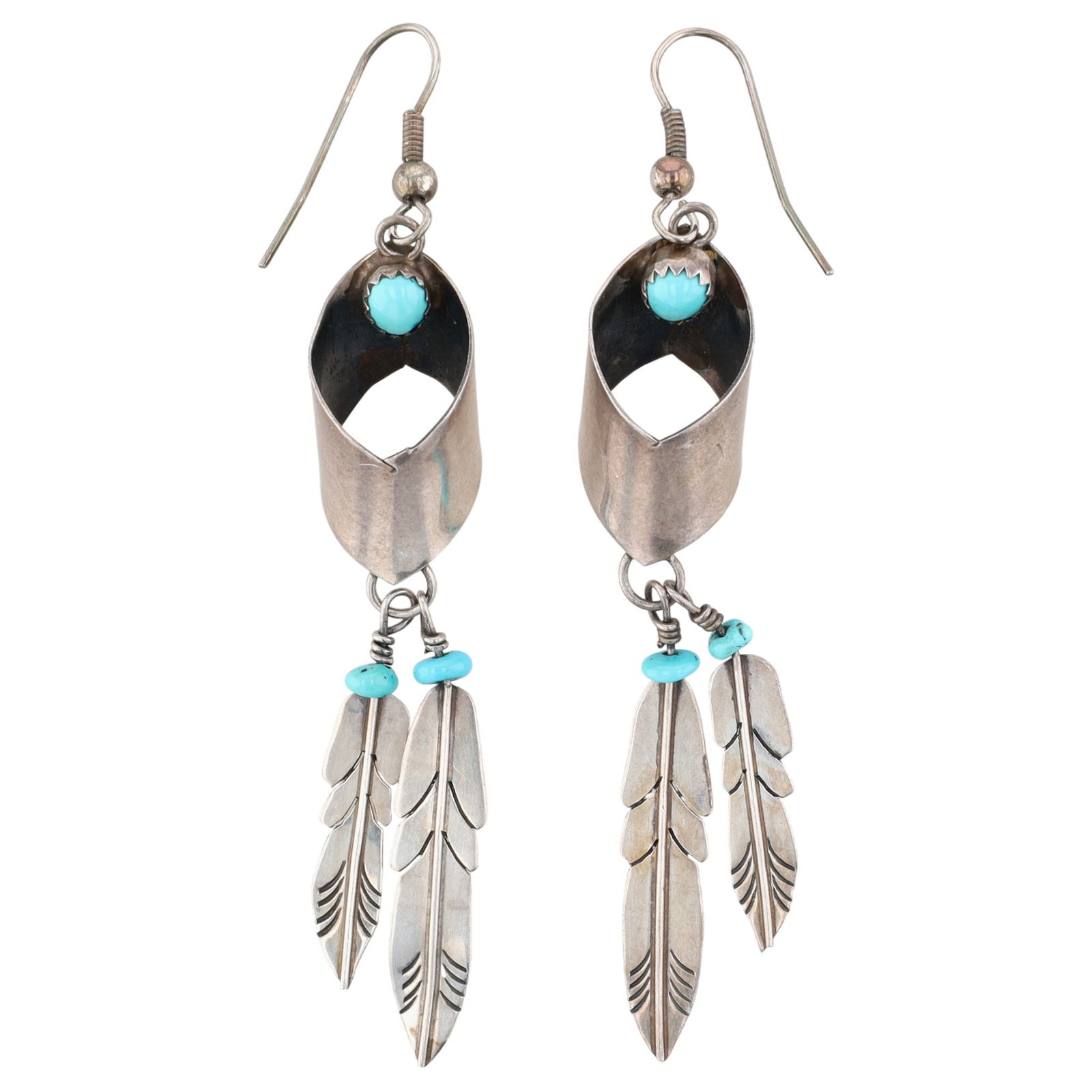 Navajo Turquoise Feather Dangle Earrings: Navajo Sterling and Turquoise Feather Dangle Earrings - 8.6g