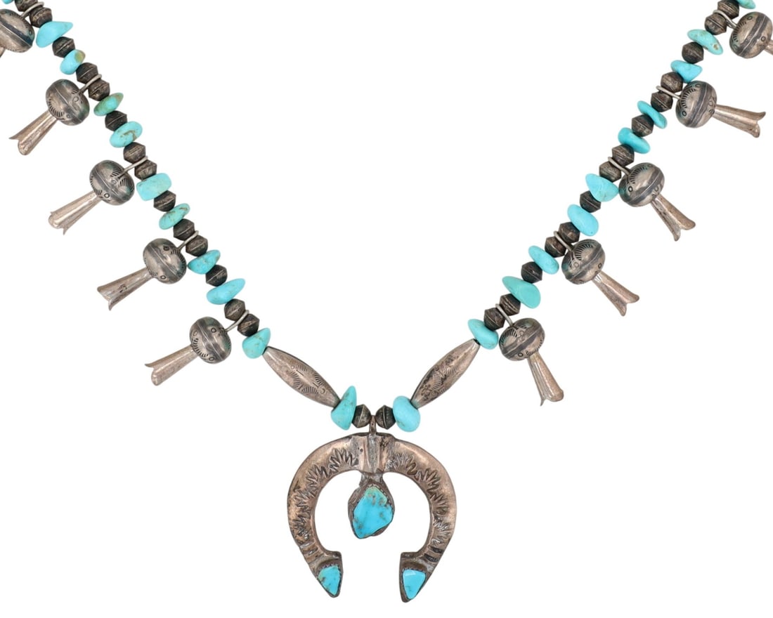 Signed Vintage Navajo Sterling Turquoise Squash Blossom Necklace: Signed 'L' Vintage Navajo Sterling Hand Stamped Turquoise Petite Squash Blossom Necklace - 43g - approx. 24" from end to end