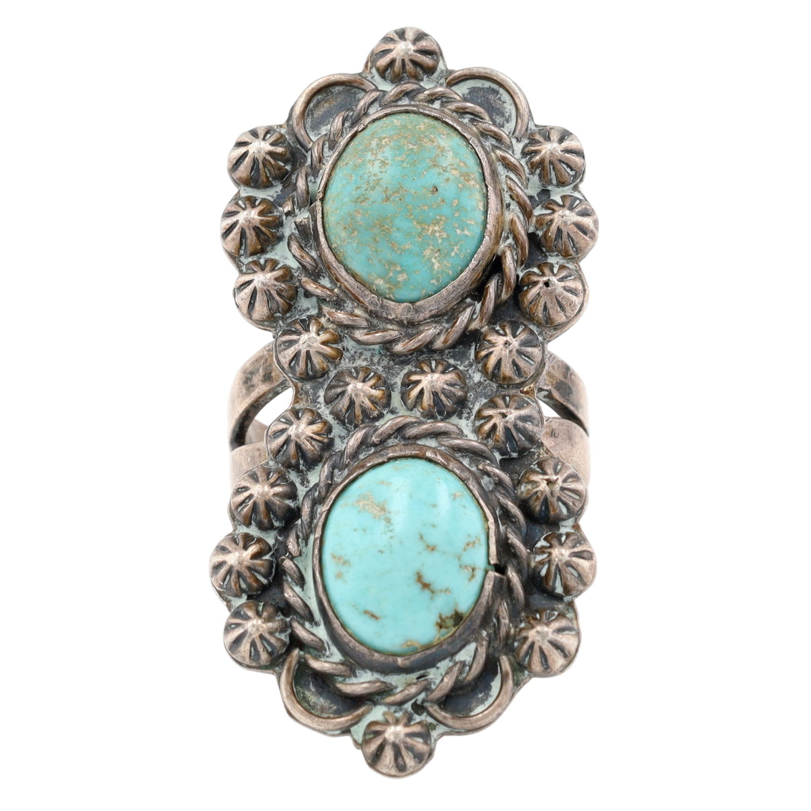 Vintage Navajo Turquoise Ring Sz 10: Vintage Navajo Sterling Double Turquoise Ring Sz 10 - 14.6g