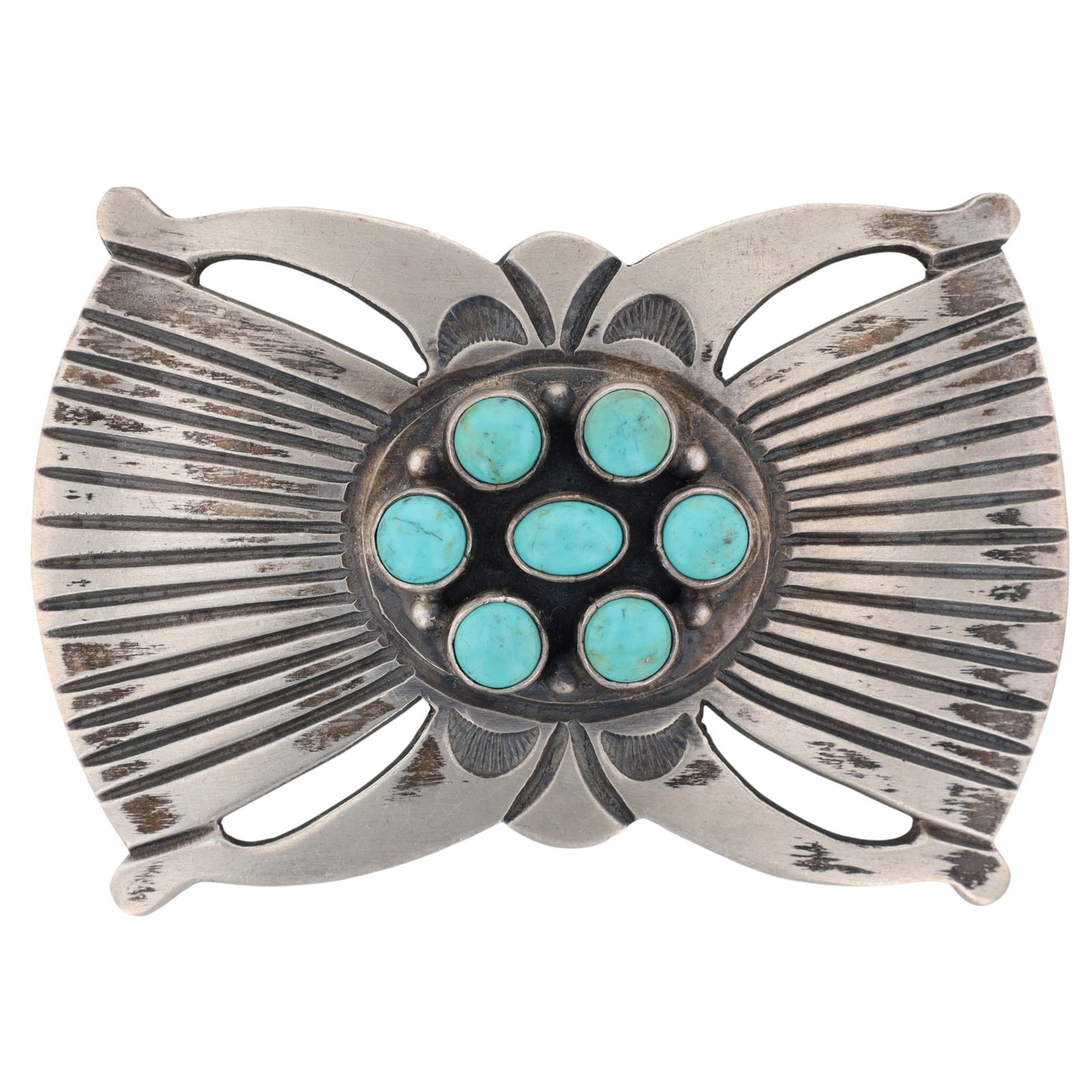 Dean Brown Navajo Turquoise Cluster Stamped Brooch: Dean Brown Navajo Sterling Turquoise Cluster Stamped Buckle-Style Brooch - 22.1g