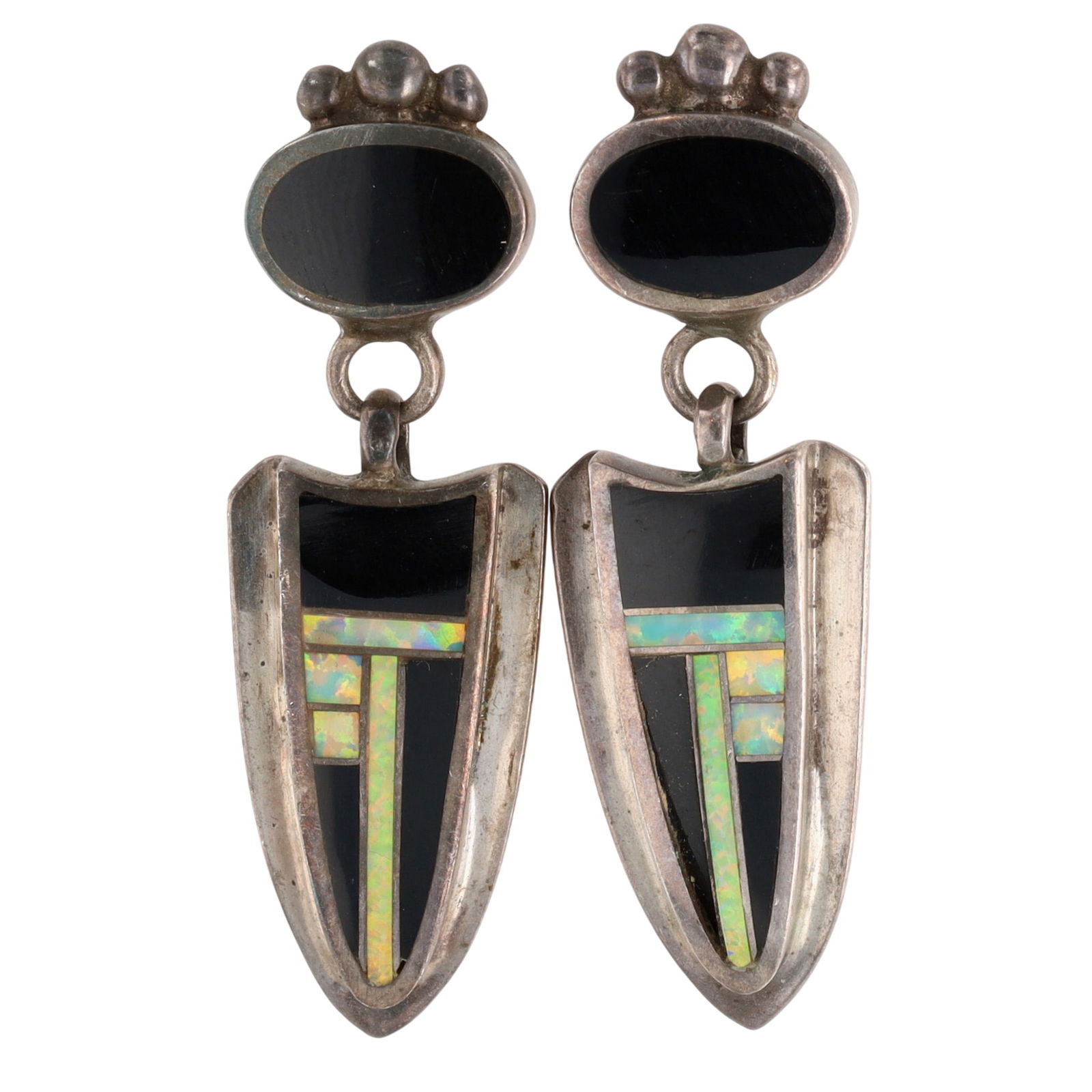 Ervin Hoskie Navajo Multistone Inlay Dangle Earrings: Ervin Hoskie Navajo Sterling Multistone (Opal and Jet/Onyx) Inlay Dangle Earrings - 9g