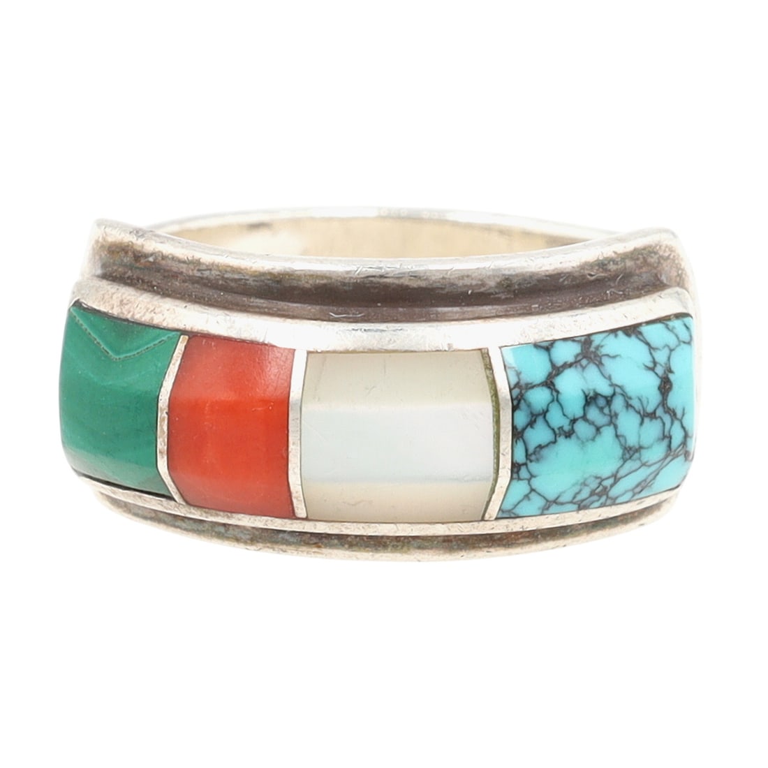 Ben Nighthorse Campbell Cheyenne Multistone Inlay Ring Sz 7.5: Ben Nighthorse Campbell Cheyenne Sterling Raised Multistone (Turquoise, Coral, Malachite, Mother of Pearl) Inlay Ring Sz 7.5 - 5.4g