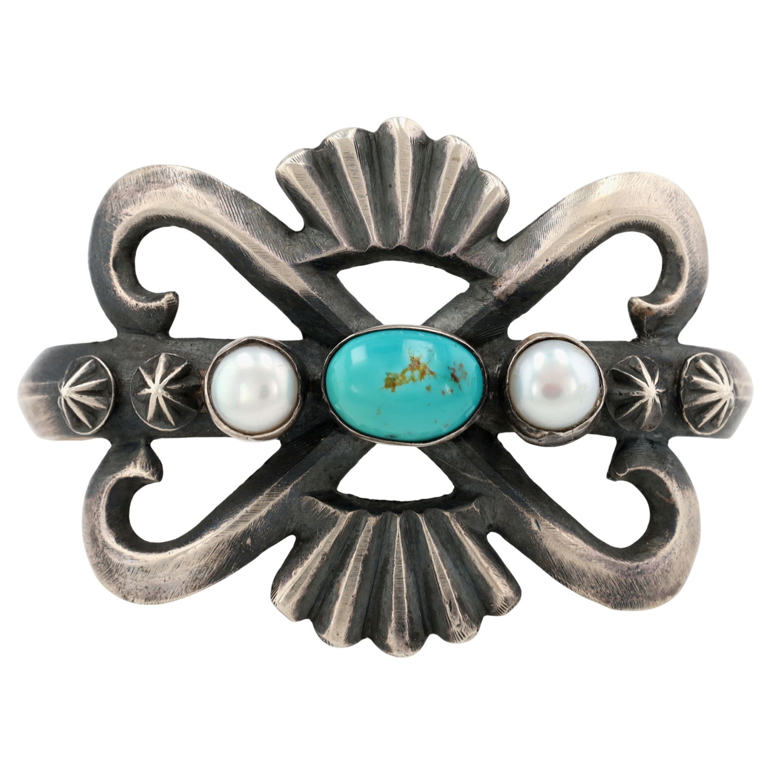 Chimney Butte Navajo Turquoise and Pearl Sandcast Cuff Bracelet: Chimney Butte Navajo Sterling Turquoise and Pearl Sandcast Cuff Bracelet - 57.5g