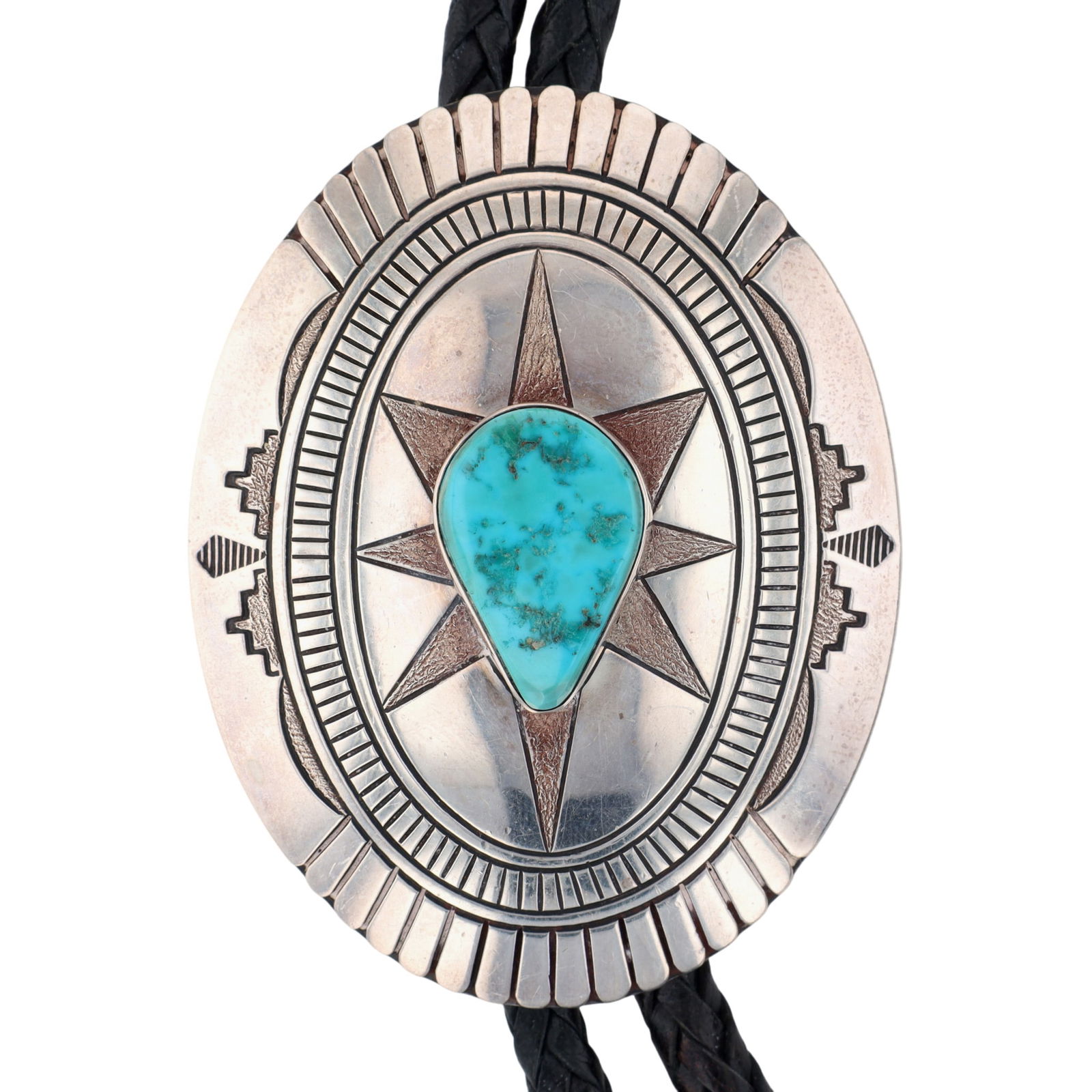 Charlie John Navajo Heavy Gauge Tooled Turquoise Bolo Tie: Handsome Charlie John Navajo Heavy Gauge Sterling Tooled/Etched Turquoise Bolo Tie - 101g