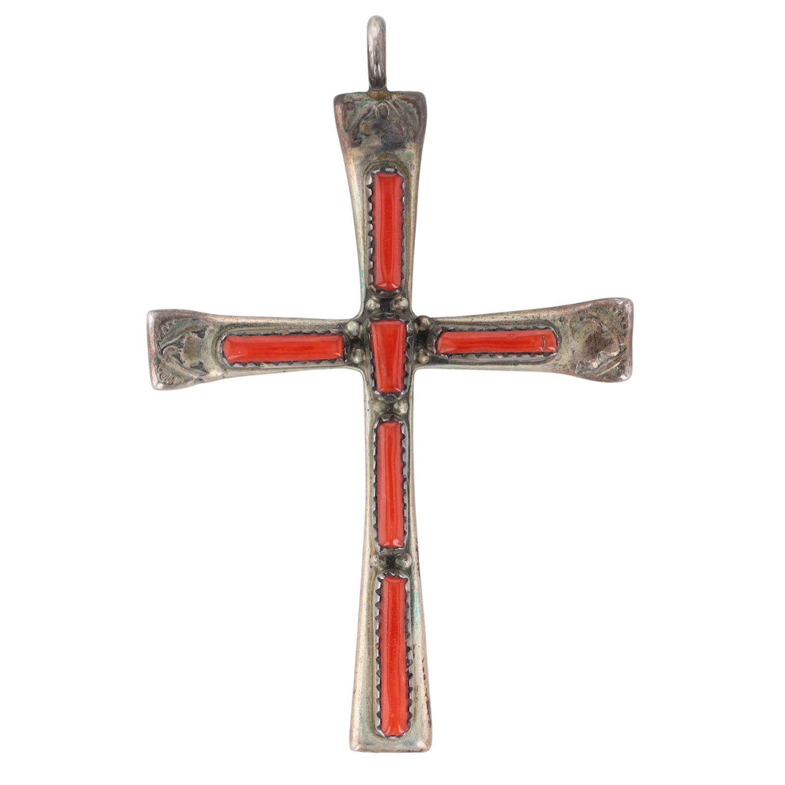 Vintage Lupe Iule Zuni Coral Cross Pendant: Vintage Lupe Iule Zuni Sterling Coral Cross Pendant - 10.6g