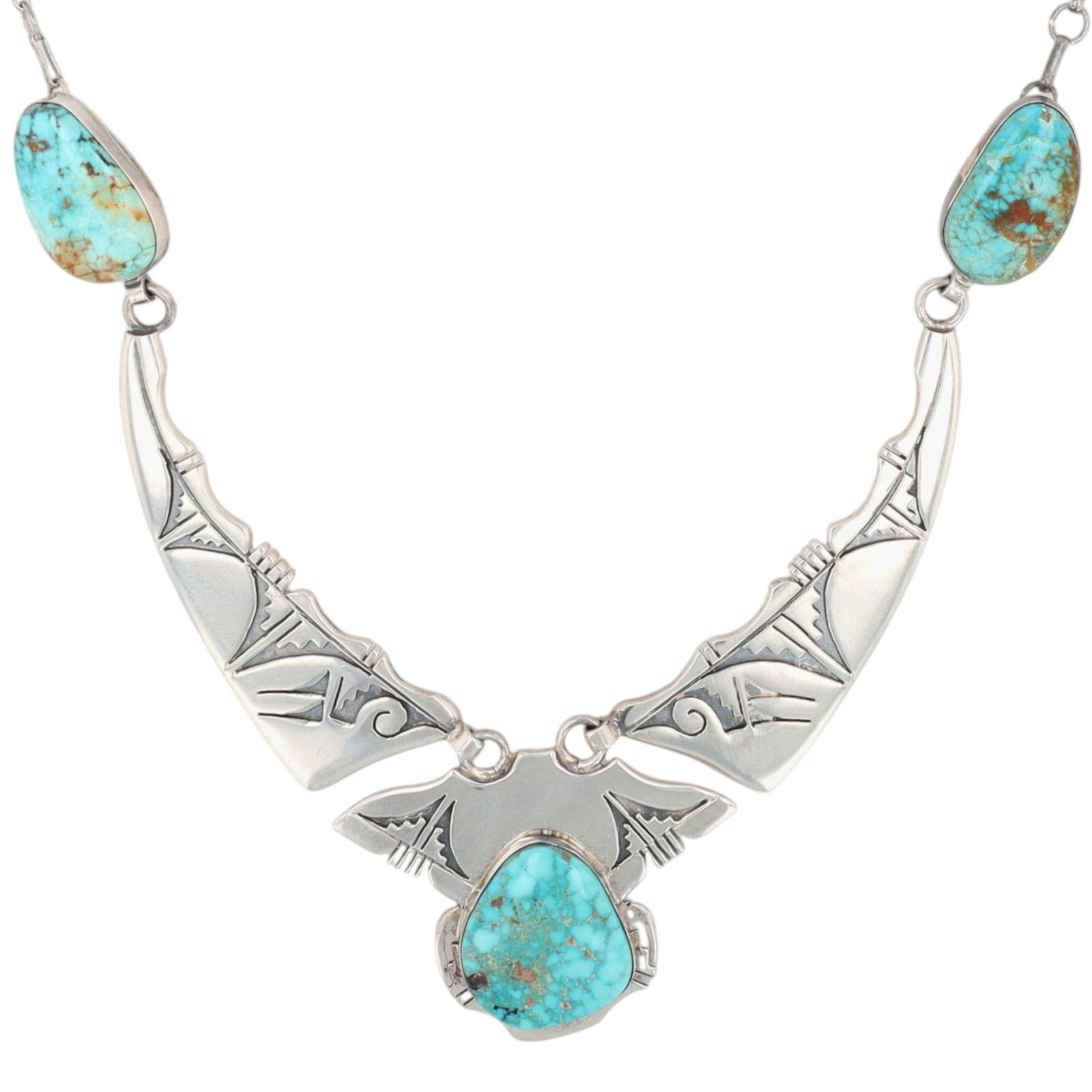 Rare Bennie Ration Navajo Turquoise Overlay Station Necklace: Outstanding, Rare Bennie Ration Navajo Contemporary Sterling and Turquoise Geometric Overlay Station Necklace - 65g - approx. 22.5" from end to end, adjustable length - amazing turquoise and