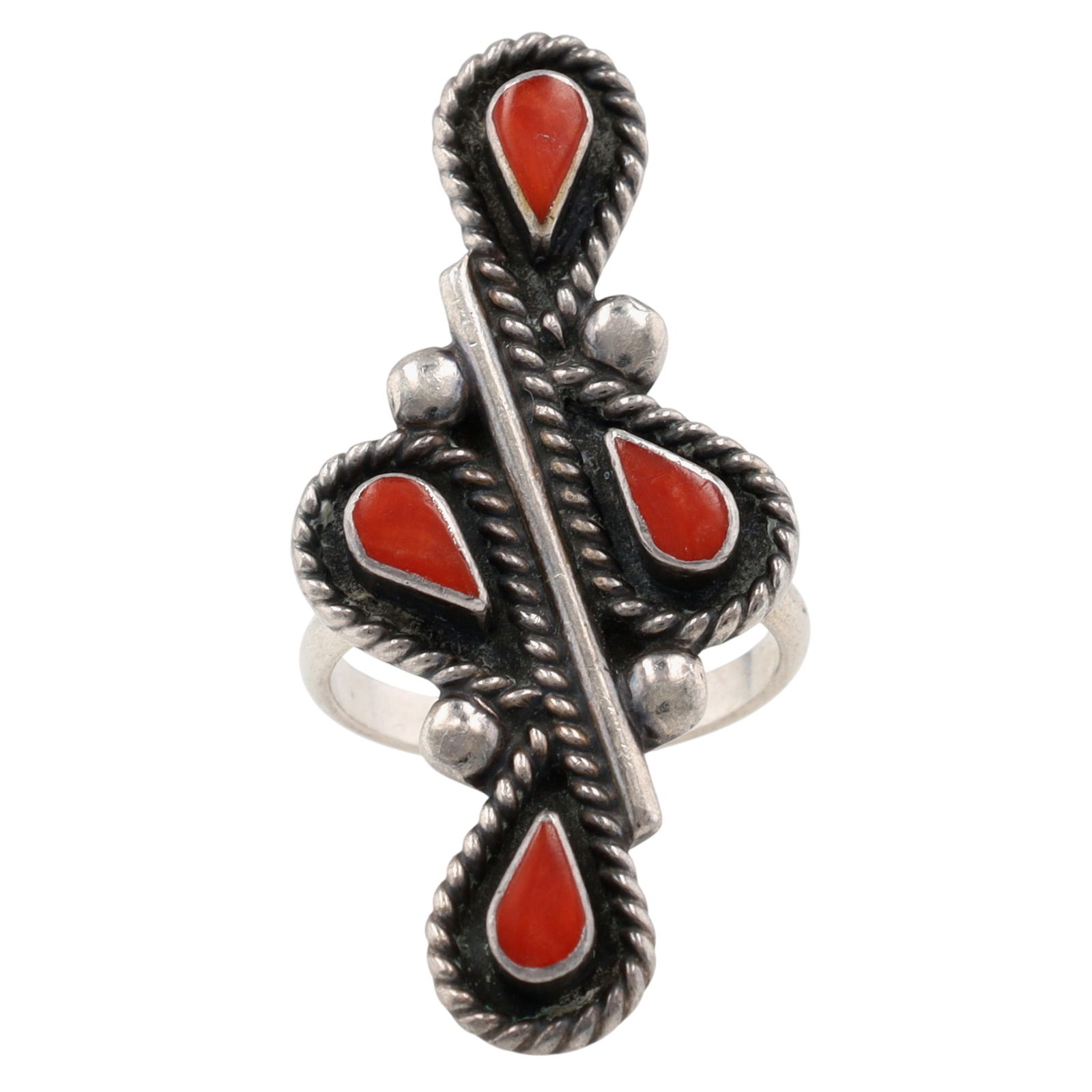 Signed Vintage Zuni Coral Petit Point Ring Sz 5.75: Signed 'LES' Vintage Zuni Sterling Coral Petit Point Ring Sz 5.75 - 6.4g