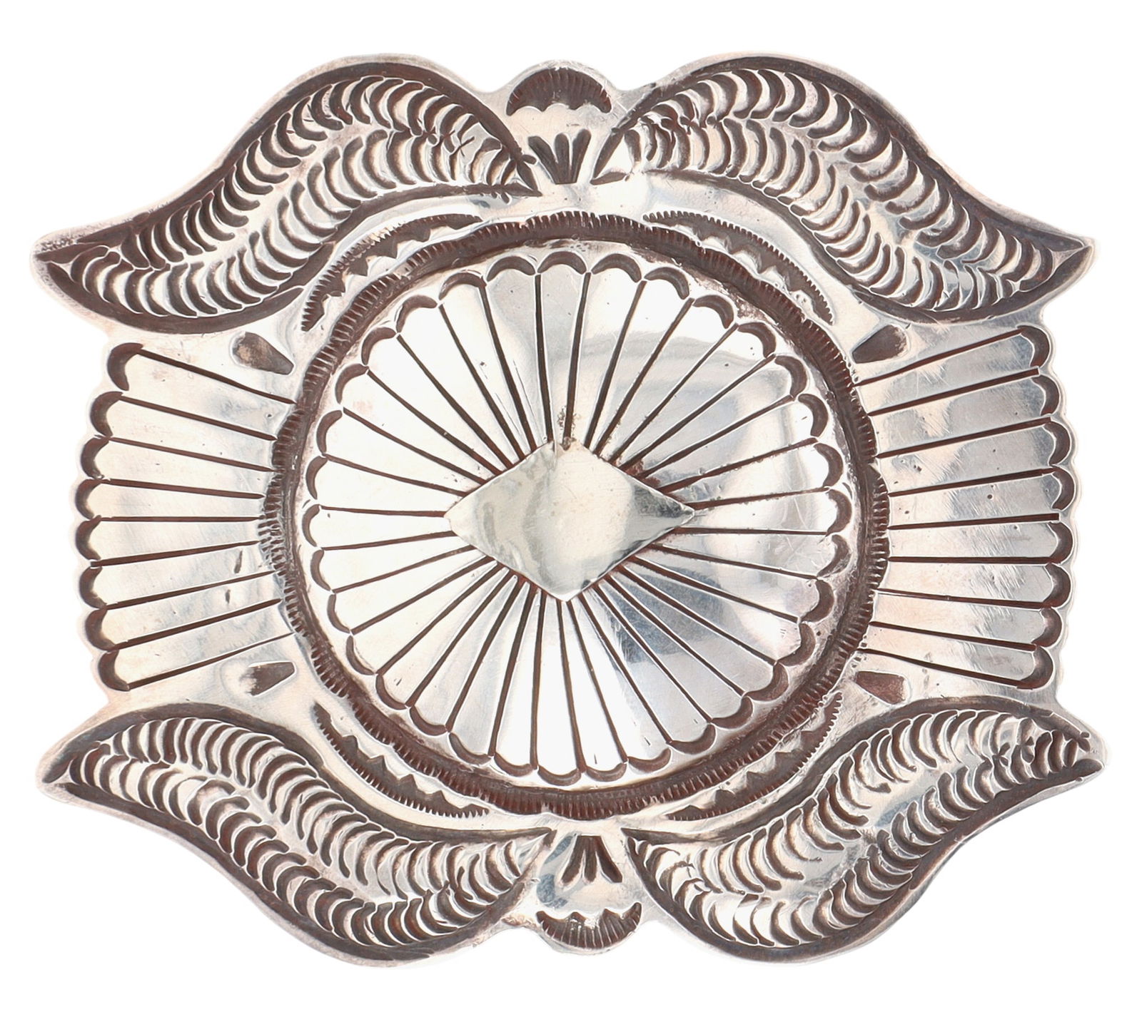 Signed Navajo Stamped Repousse Concho Belt Buckle: Signed 'GD' Navajo Sterling Hand Stamped Repousse Concho Belt Buckle - 64.2g - approx. 3.3" long x 2.8" tall