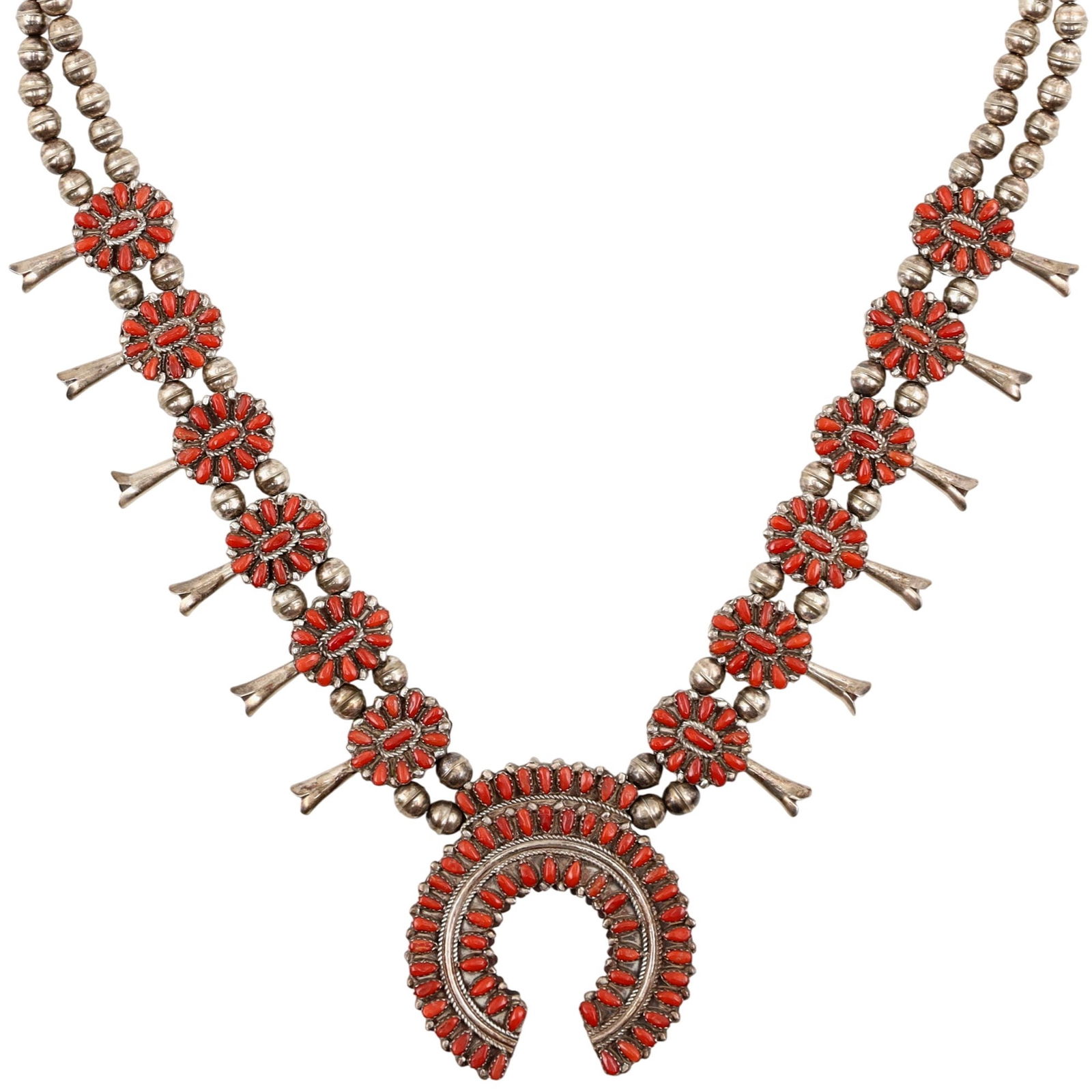 Signed Navajo Reversible Turquoise and Coral Squash Blossom Necklace: Signed RAF Vintage Navajo Sterling Reversible Turquoise and Coral Squash Blossom Necklace - 143g - approx. 26" from end to end