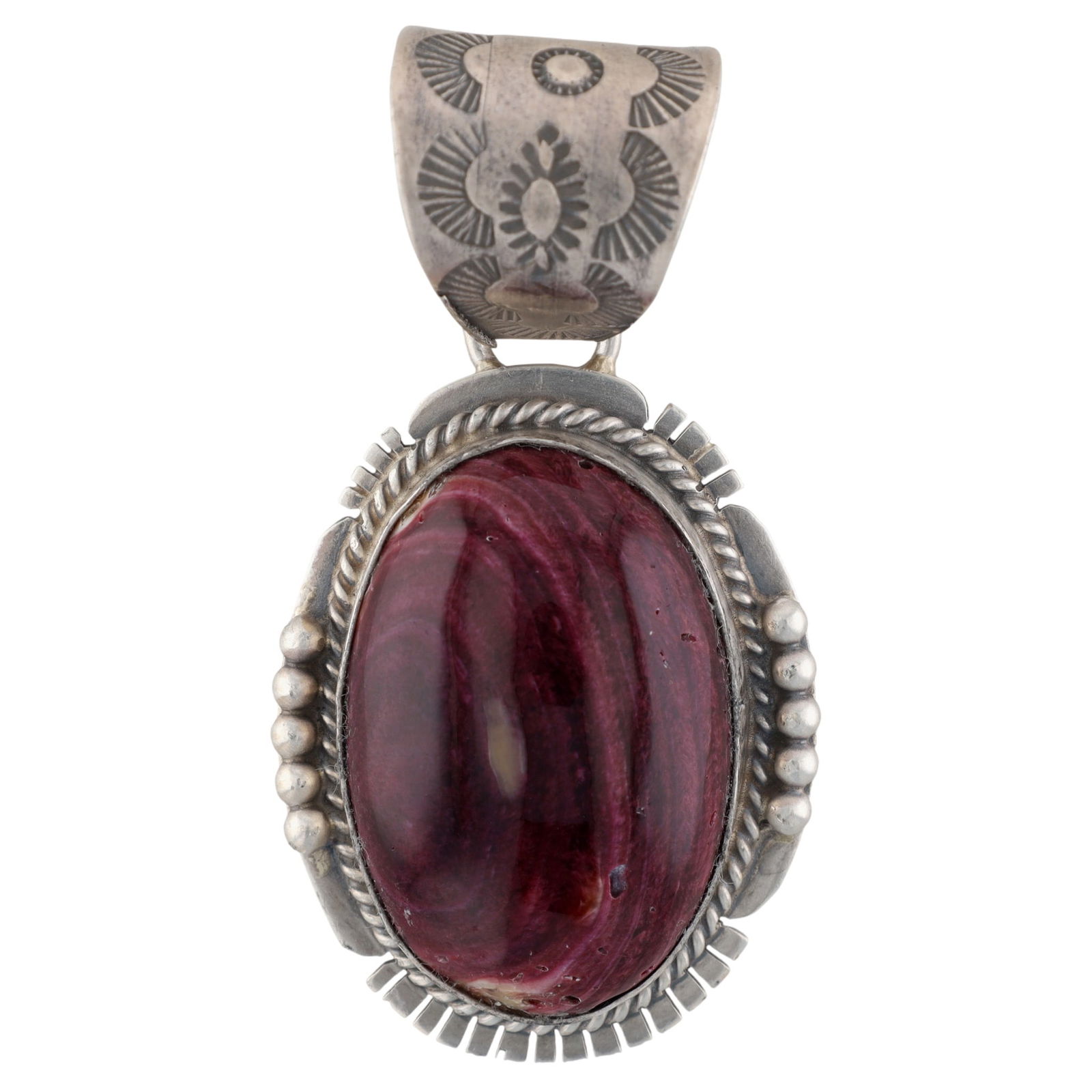 John Nelson Navajo Purple Spiny Oyster Stamped Pendant: John Nelson Navajo Sterling Purple Spiny Oyster Stamped Pendant - 23.6g