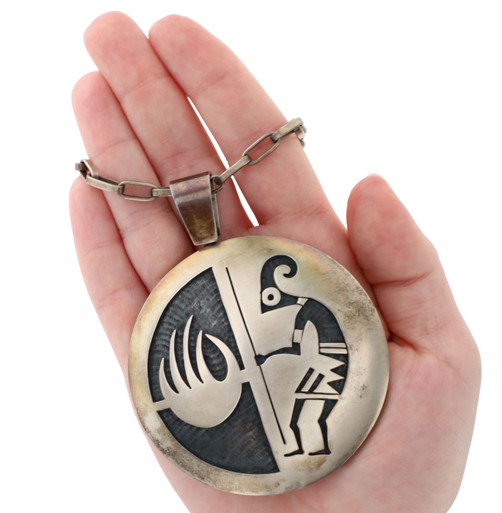 Huge Beauford Dawahoya Hopi Reversible Overlay Handmade Necklace: Huge!! Master Hopi Silversmith Beauford Dawahoya Vintage Sterling Overlay Reversible Handmade Necklace - 126.1g!! - 3.6" tall (including bail), 2.7" diameter across