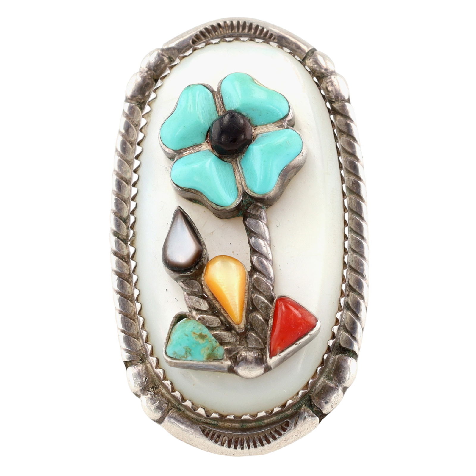 Vintage Simplicio Zuni Multistone Raised Inlay Flower Ring Sz 8.5: Big! Vintage Mike & Sarah Simplicio Zuni Sterling Multistone (Turquoise, Mother of Pearl, Coral, Onyx, Shell) Raised Inlay Flower Ring Sz 8.5 - 16.3g - Approx. 1.6"l x .75"w