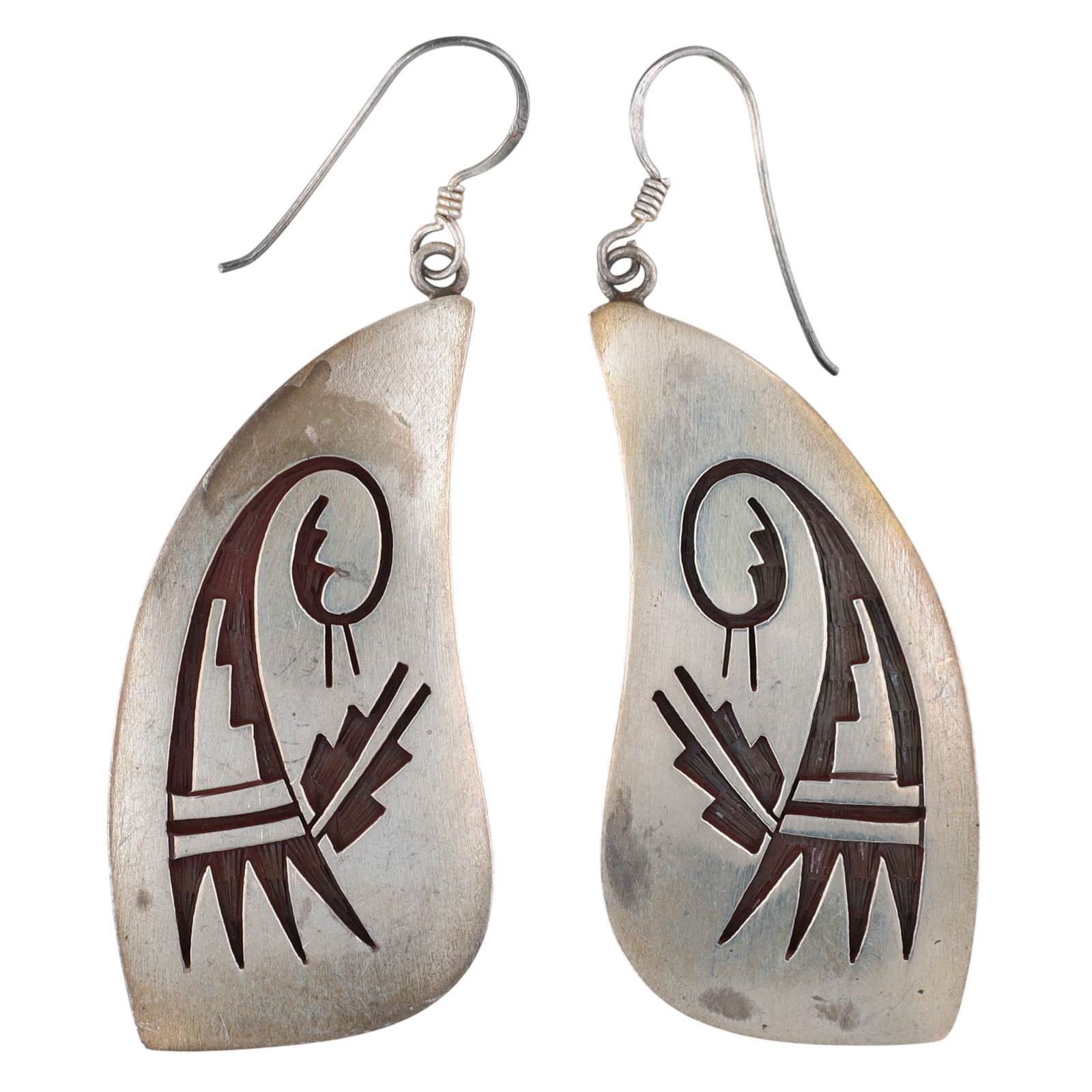 Wilson Mowa Hopi Overlay Dangle Earrings: Vintage Wilson Mowa Hopi Sterling Silver Overlay Dangle Earrings - 17.8g