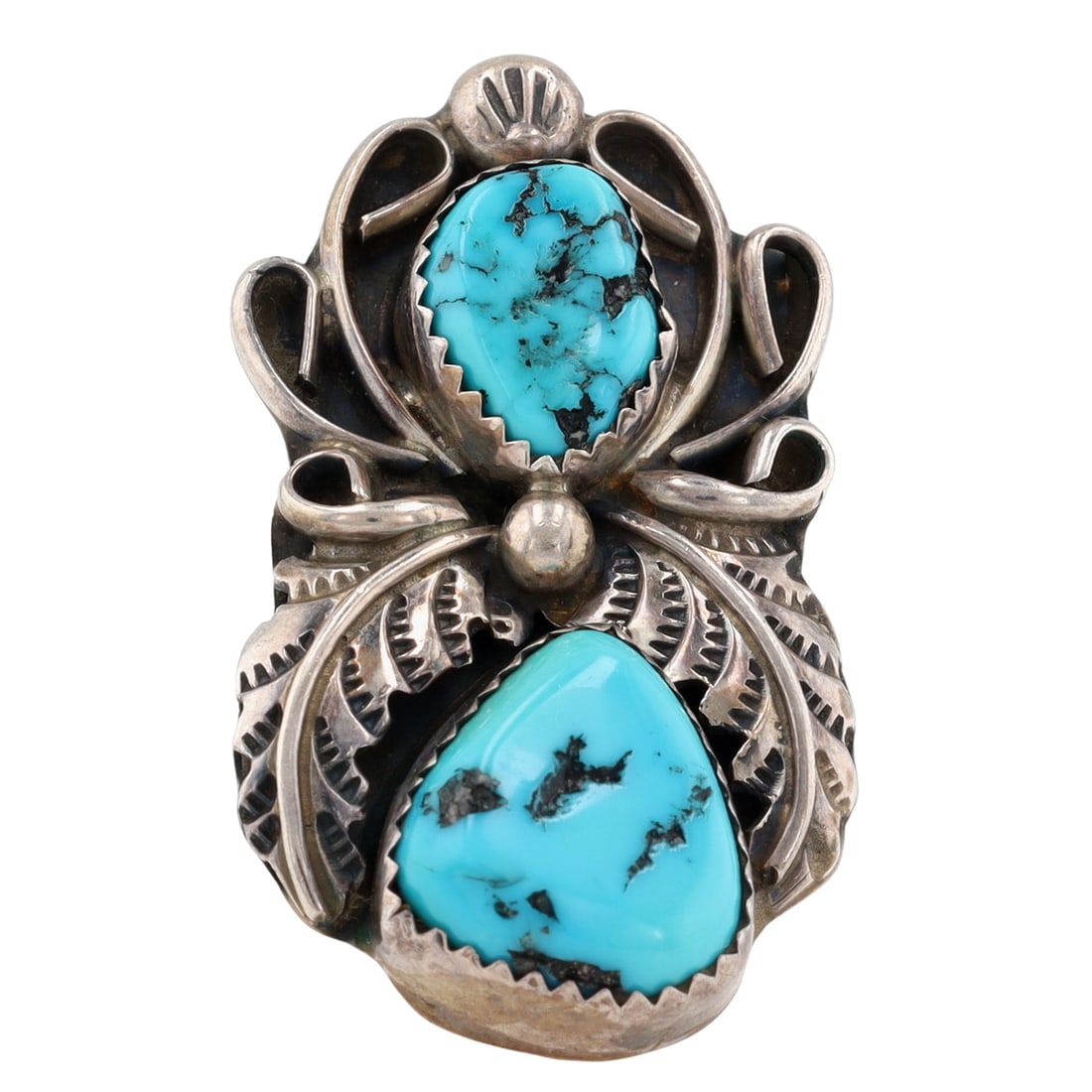 Vintage Navajo Double Turquoise Ring Sz 6.5: Vintage Navajo Sterling Double Turquoise Ring Sz 6.5 - 10.3g