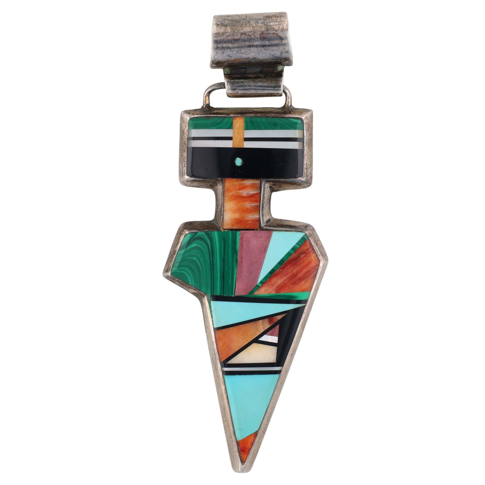 Frank Yellowhorse Navajo Multistone Inlay Pendant: Master Artist Frank Yellowhorse (1932-2020) Navajo Sterling Multistone (Turquoise, Purple and Orange Spiny Oyster, Jet, Malachite, Mother of Pearl) Inlay Pendant - 20.5g - approx. 2.9" tall