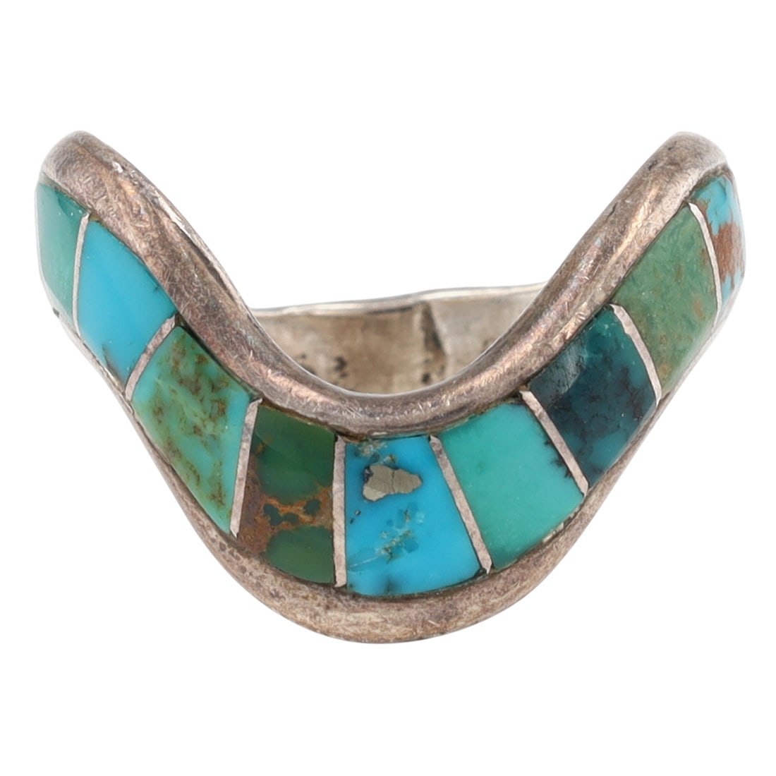 Ophelia Garcia Navajo Turquoise Inlay Ring Sz 7.5: Ophelia Garcia Navajo Sterling Turquoise Inlay Ring Sz 7.5 - 4.7g