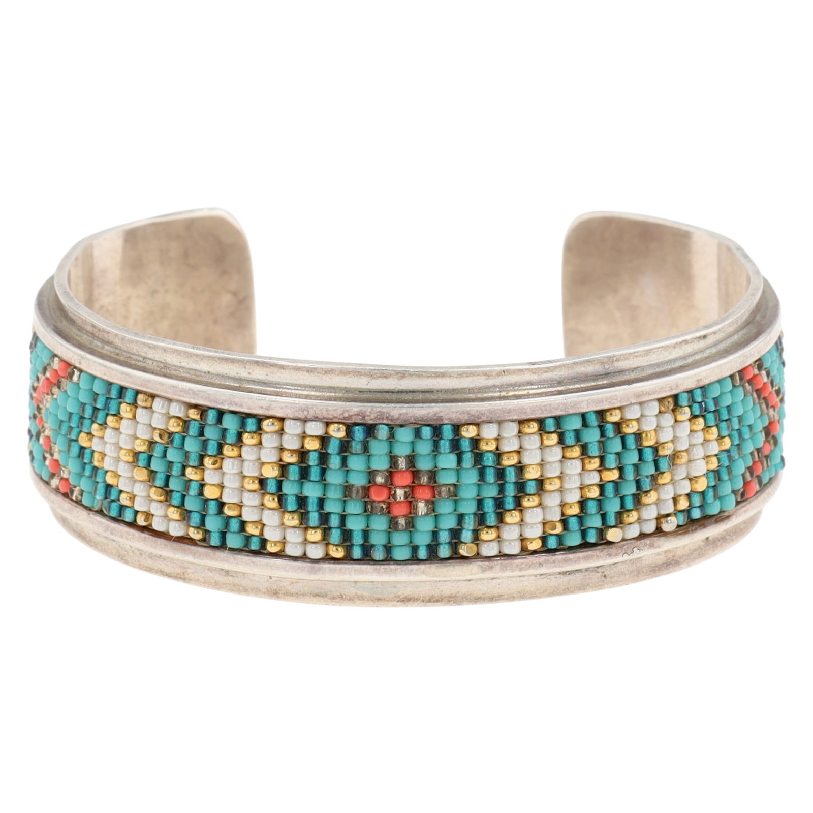 Signed Navajo Multicolor Beaded Cuff Bracelet: Gorgeous Signed 'EELJ + VL'? and '3/00' - Navajo Sterling Beaded Cuff Bracelet - 34.3g