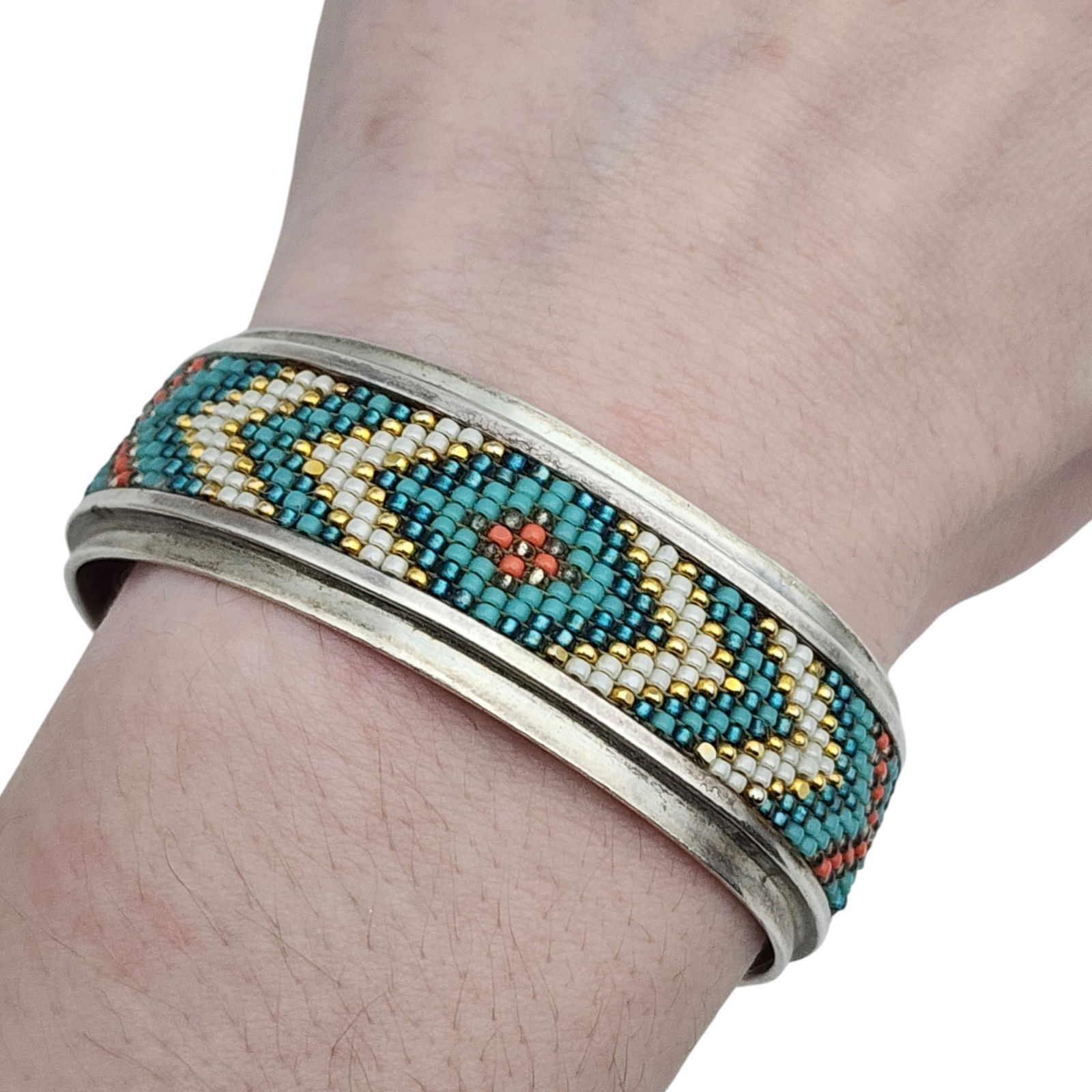 Signed Navajo Multicolor Beaded Cuff Bracelet - 3