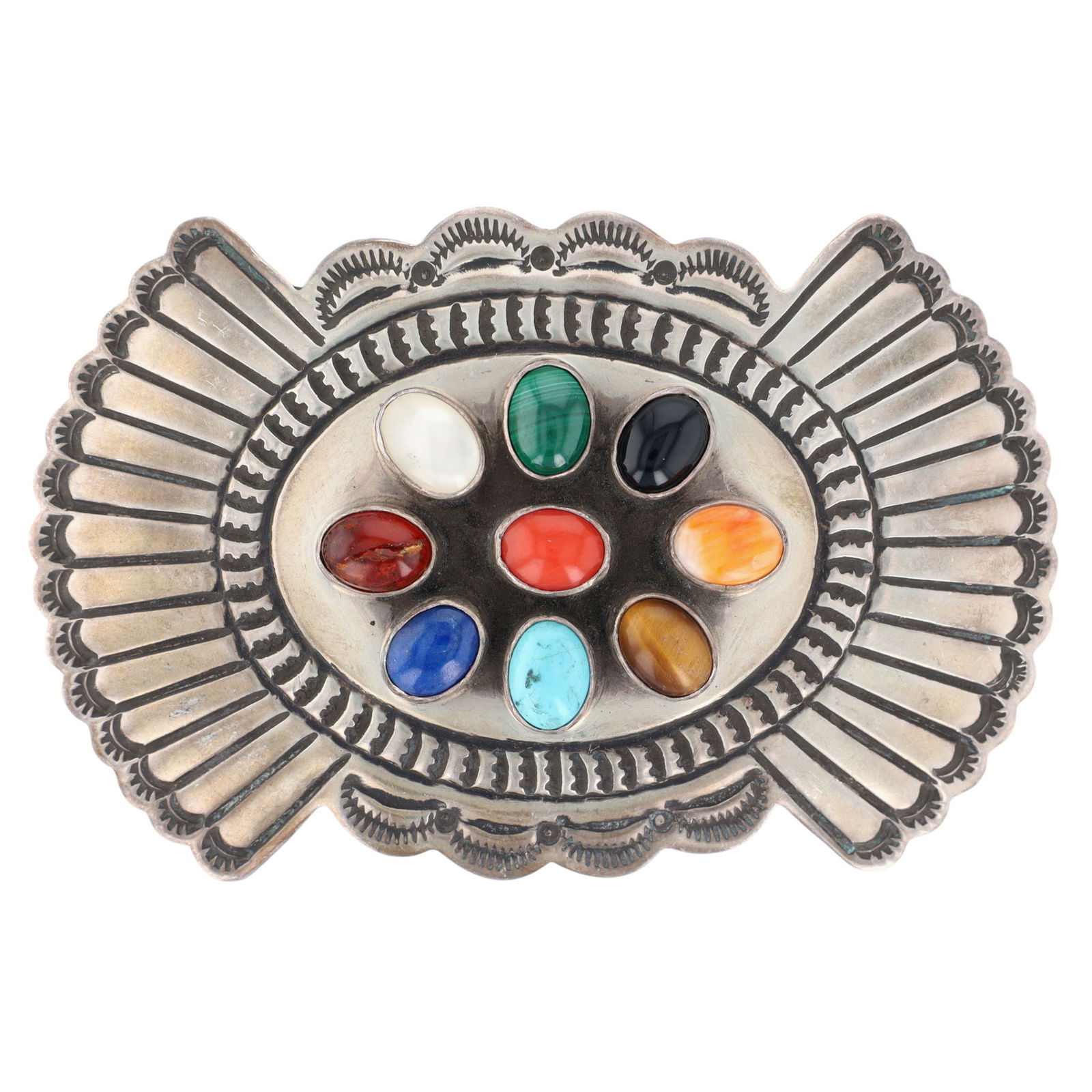 Delbert Delgarito Navajo Multistone Stamped Brooch: Big Delbert Delgarito Navajo Sterling Multistone (Turquoise, Spiny Oyster, Lapis Lazuli, Spiny Oyster, Coral, Mother of Pearl, Malachite, Garnet) Stamped Brooch - 29.5g - approx. 3" x 1.9"