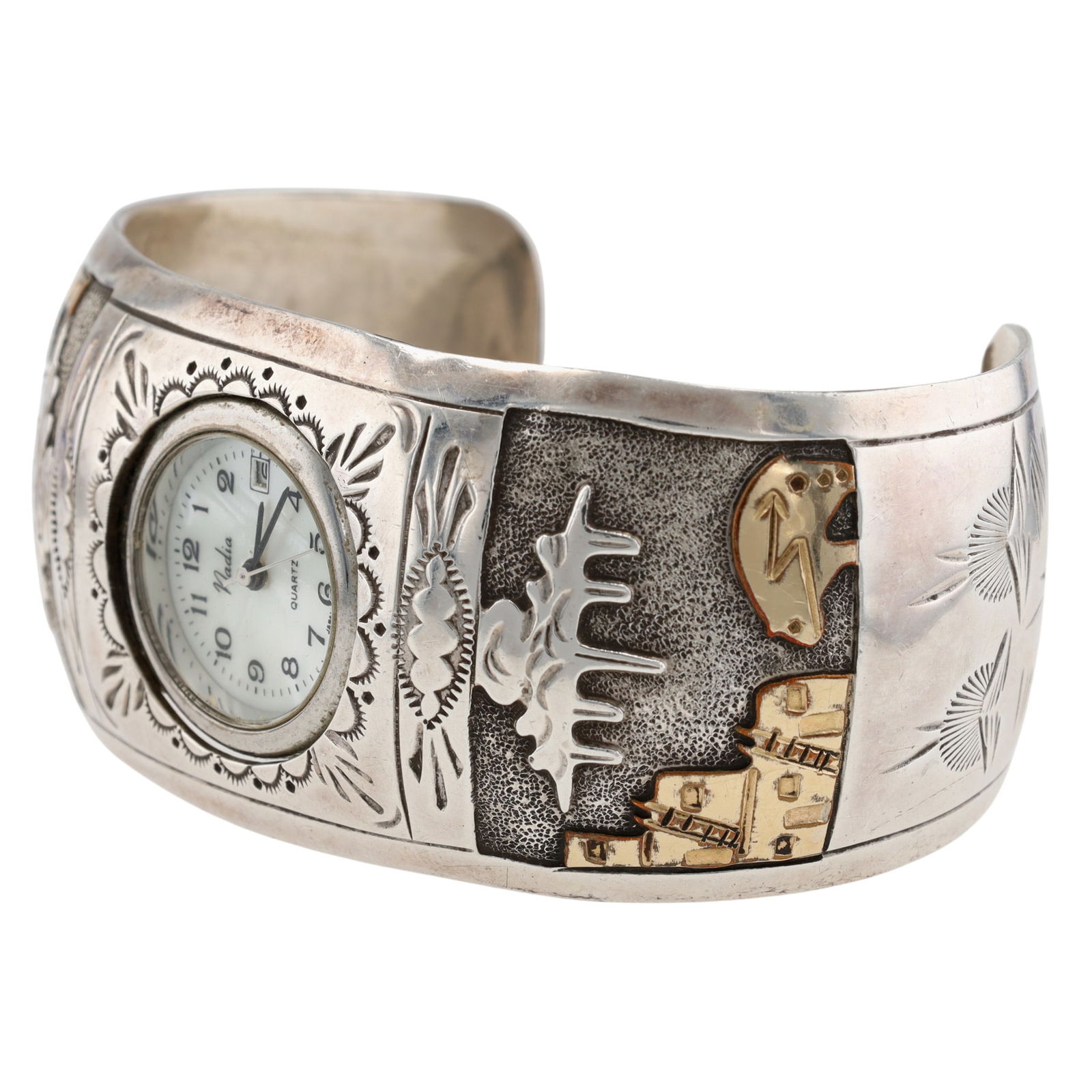 Signed Navajo Storyteller Watch Cuff Bracelet: Signed 'G' Navajo Sterling Stamped & Textured Storyteller Watch Cuff Bracelet - 57.4g