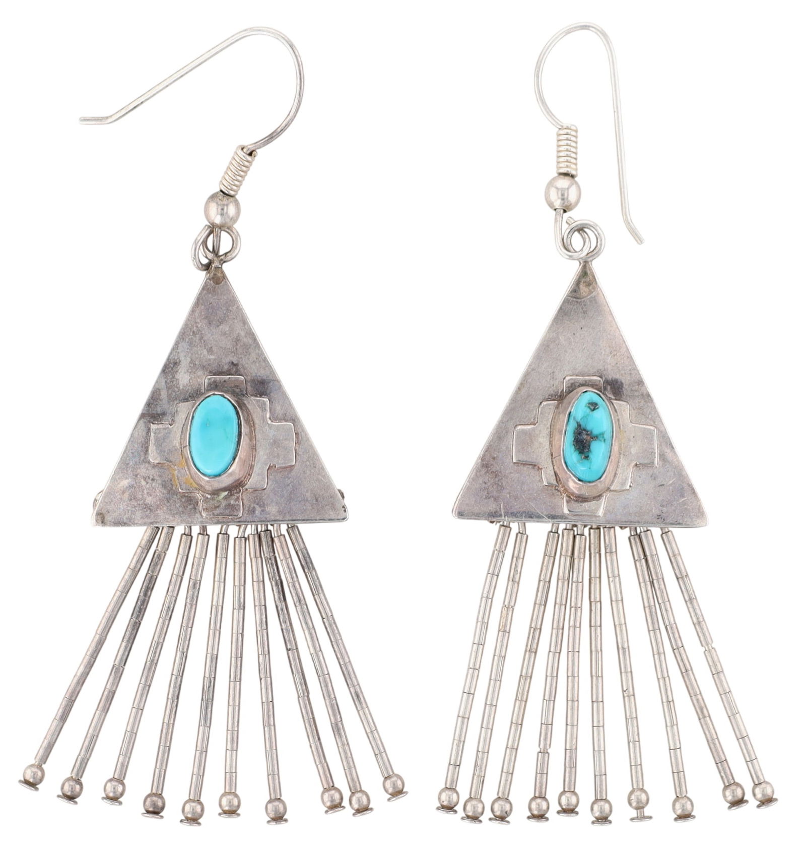 Signed Vintage Navajo Turquoise Dangle Earrings: Signed JS Vintage Navajo Sterling Turquoise Dangle Earrings - 10.4g