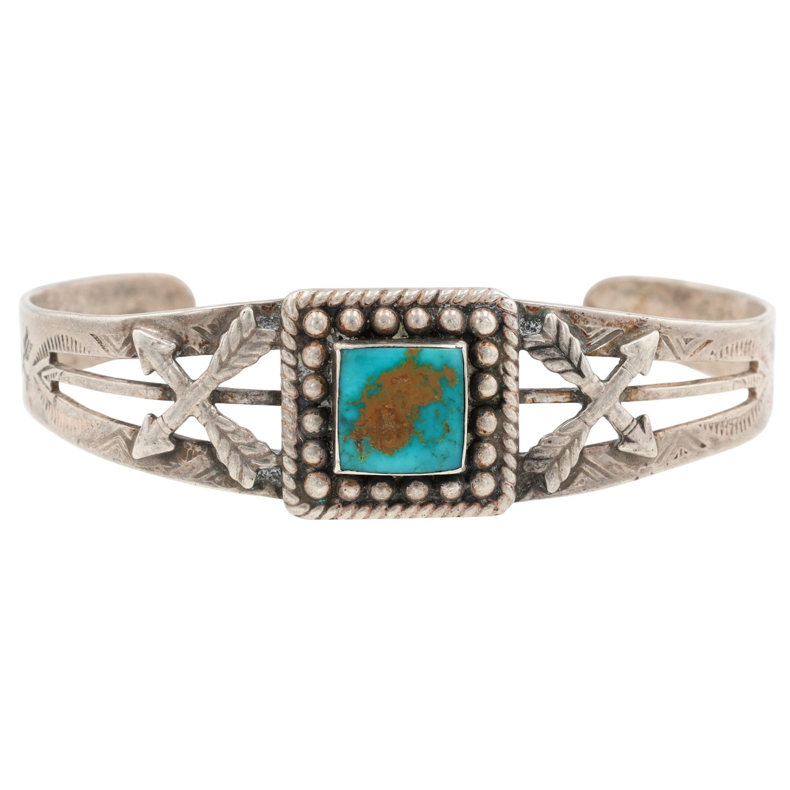 Fred Harvey Era Turquoise Stamped Cuff Bracelet: Vintage Fred Harvey Era Navajo Sterling Turquoise Stamped Cuff Bracelet - 20.1g
