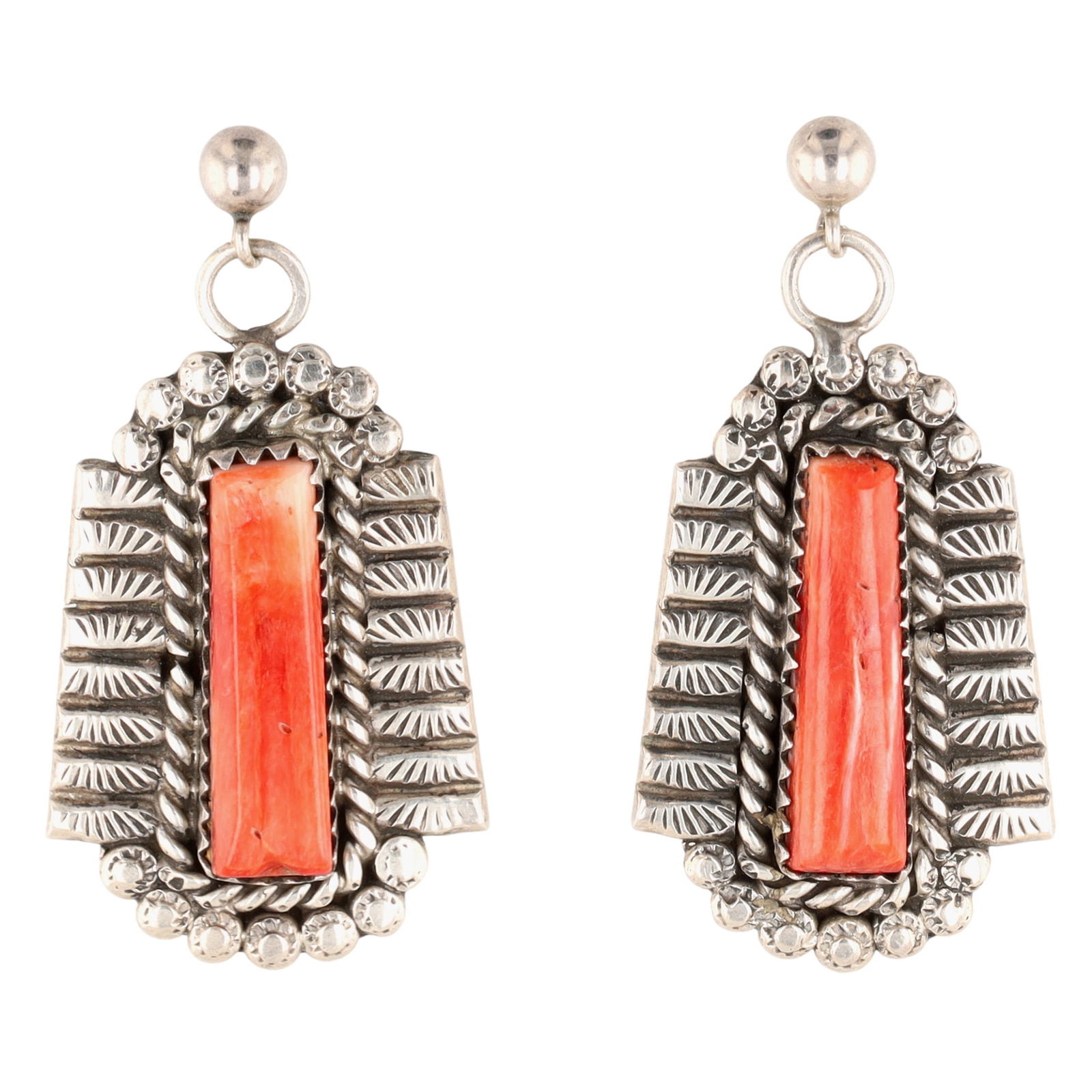 Signed Navajo Spiny Oyster Dangle Earrings: Signed BS Navajo Sterling Spiny Oyster Dangle Earrings - 10.6g