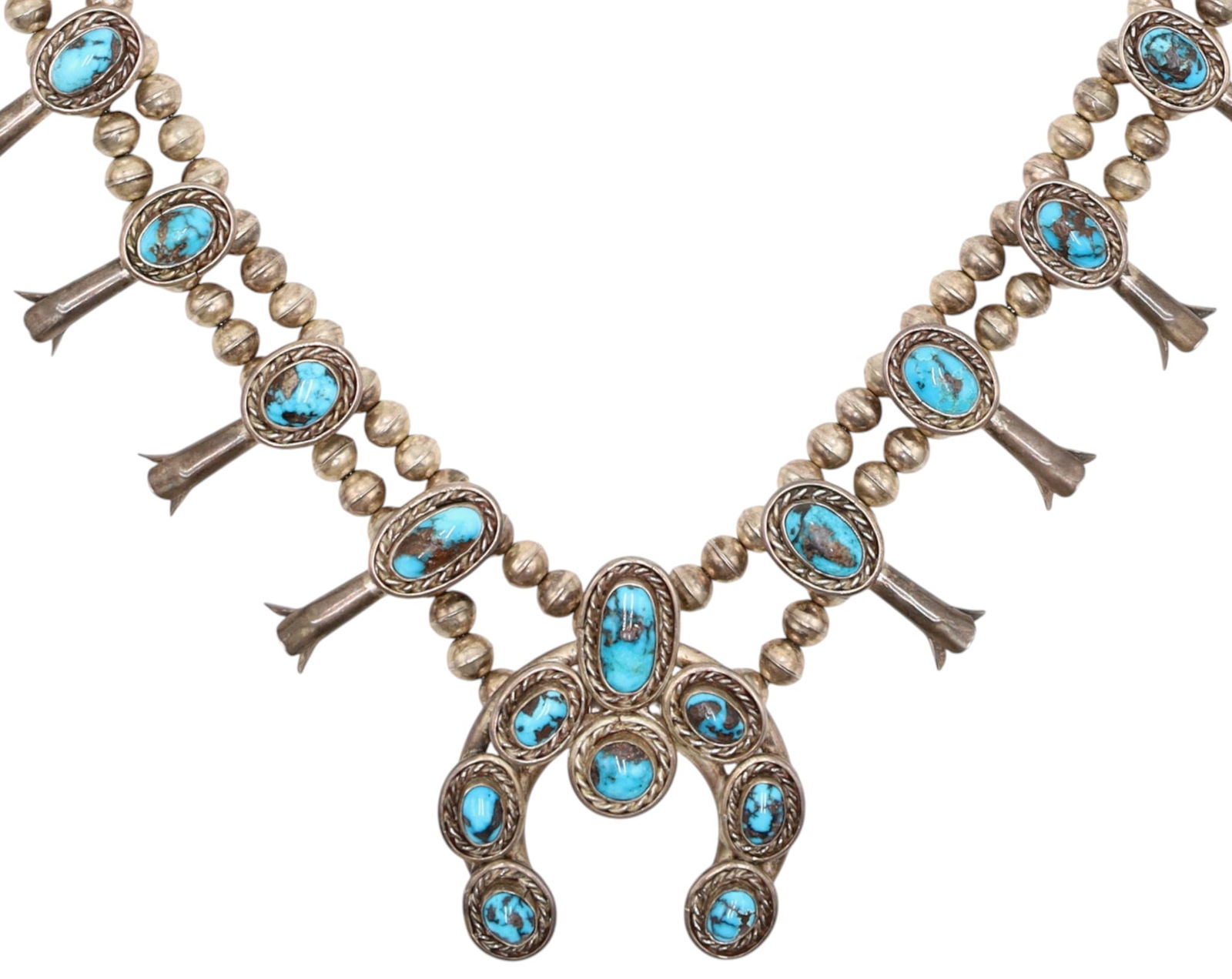 Vintage Navajo Bisbee Turquoise Squash Blossom Necklace (1 of 8)