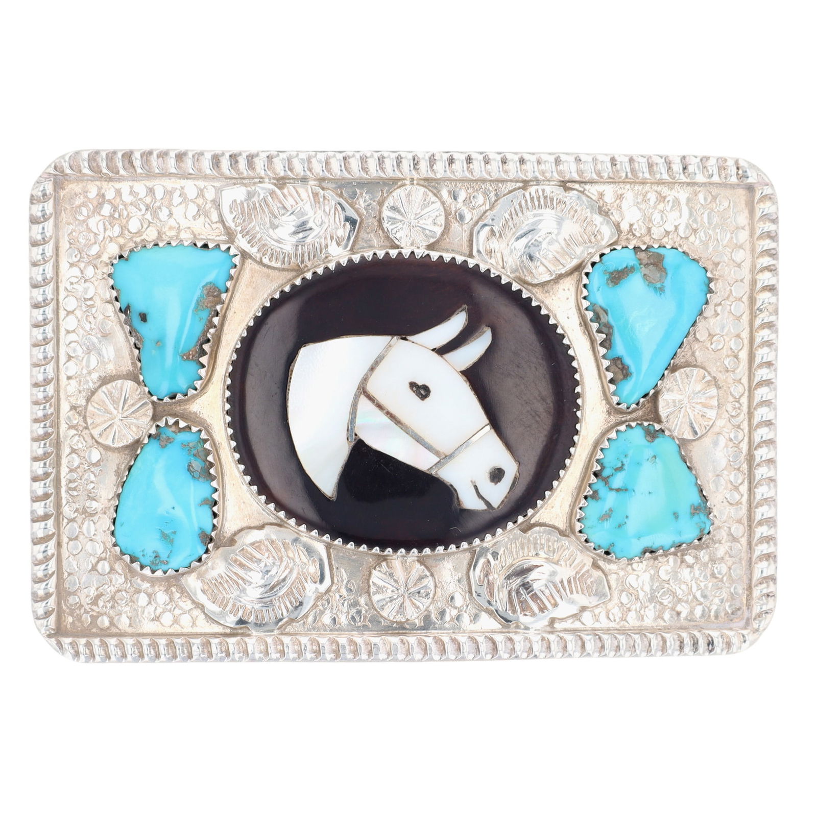 Isabelle Simplicio Zuni Horse Inlay Belt Buckle: Rare Find! Isabelle Simplicio Zuni Sterling Turquoise and Multistone Inlay Horse Belt Buckle - 43.8g - approx 3" x 2"