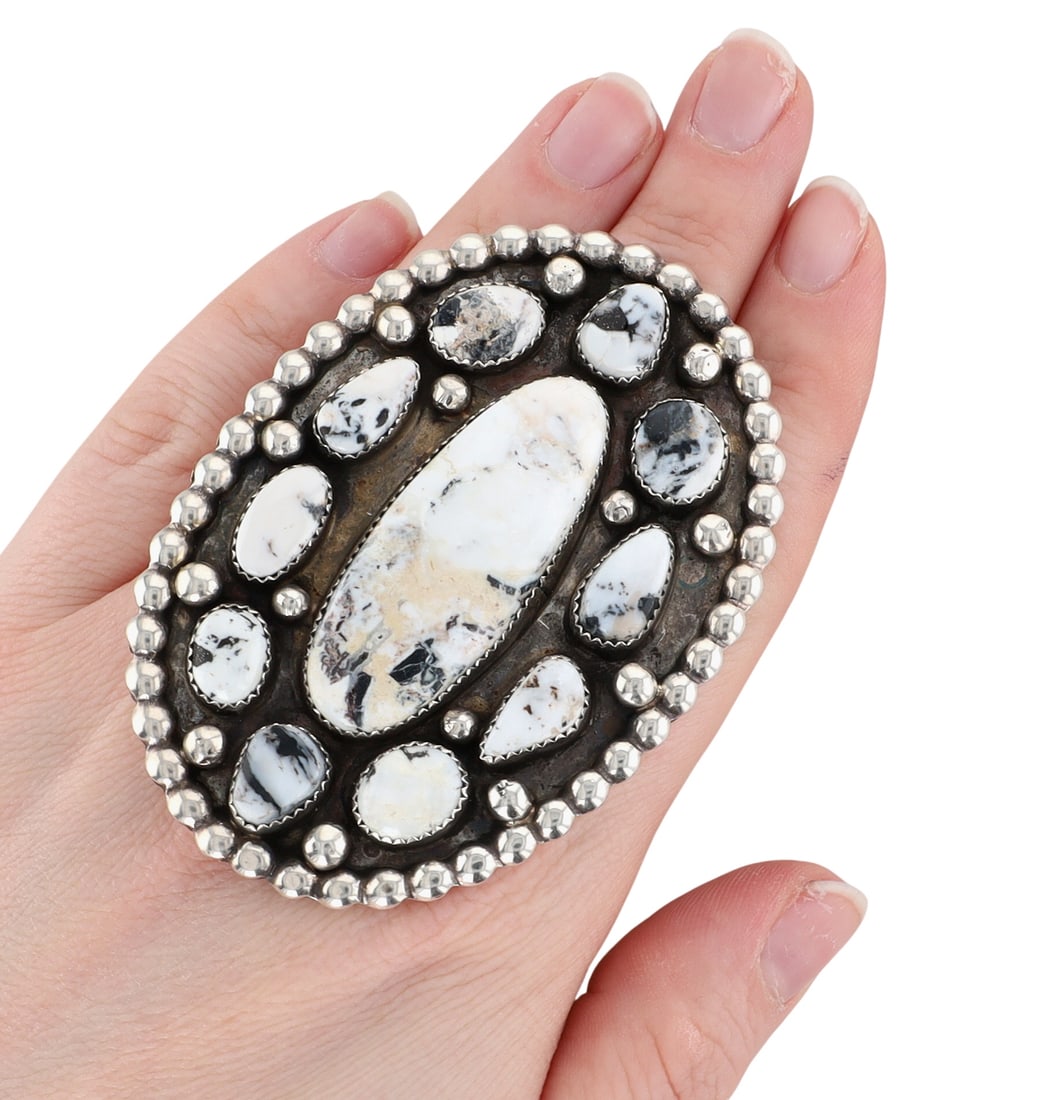 Huge Joelias Draper Navajo White Buffalo Cluster Statement Ring Sz 9: Huge! Joelias Draper Navajo Sterling and White Buffalo Cluster Statement Ring Sz 9 - 55.2g - Absolutely fabulous!!